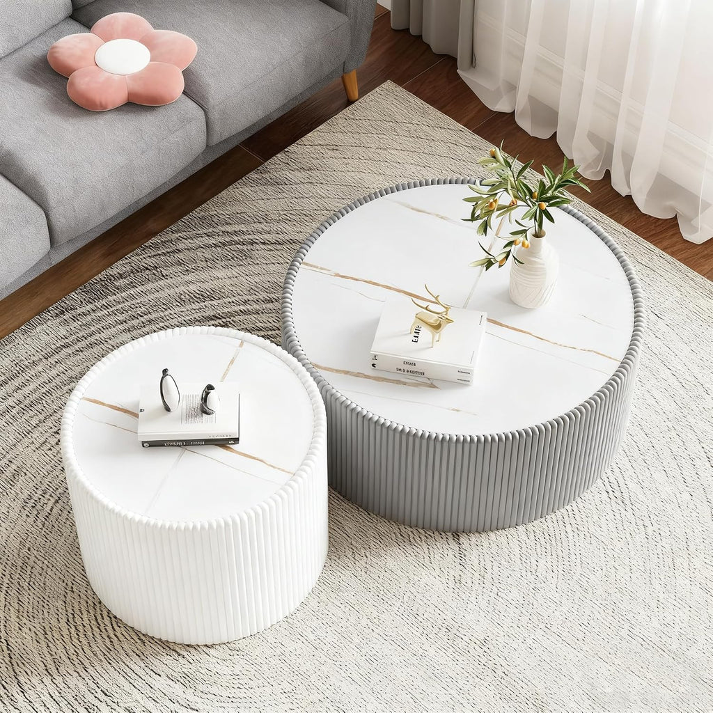 Round Coffee Table Set with Sintered Stone Tabletop, 29.52' Grey Drum Center Table and 17.71' White Coffee Table Set, 2 Pieces Living Room Table Set with Fluted PU Leather Cover& Stable Base