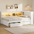 LUMISOL Full Size Corner Bed with Storage Drawers & Shelves, Wooden L-Shaped Day Bed Frame with Charging Station & LED Lighting for Living Room or Guestroom, White