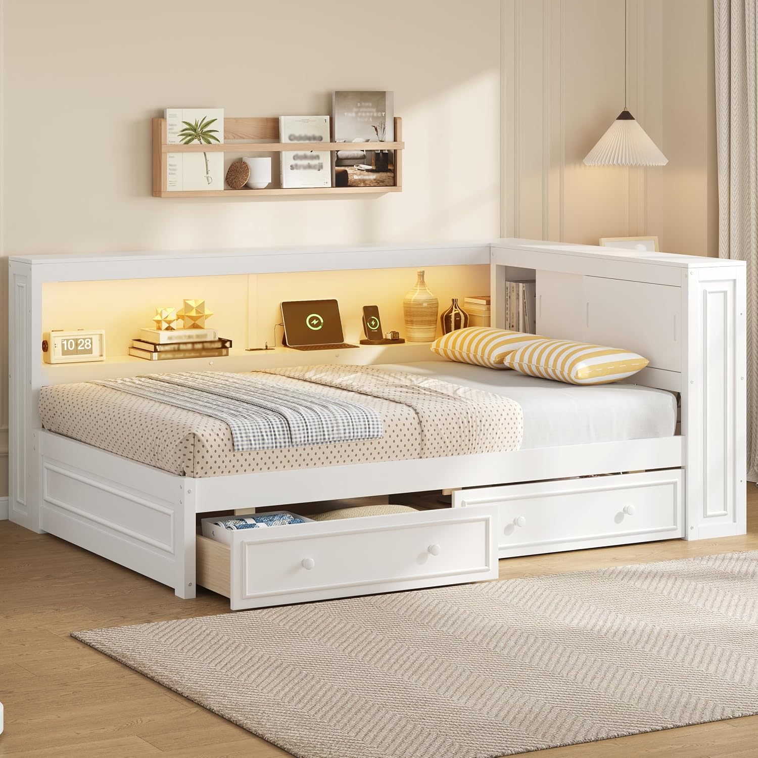 Full Size Daybed with Storage Drawers & Shelves,L-Shape Daybed with USB Charging Station & LED Light Strip for Kids Teens Adults,Wooden Corner Bed Frame with Slat Support for Bedroom,Guest Room,White