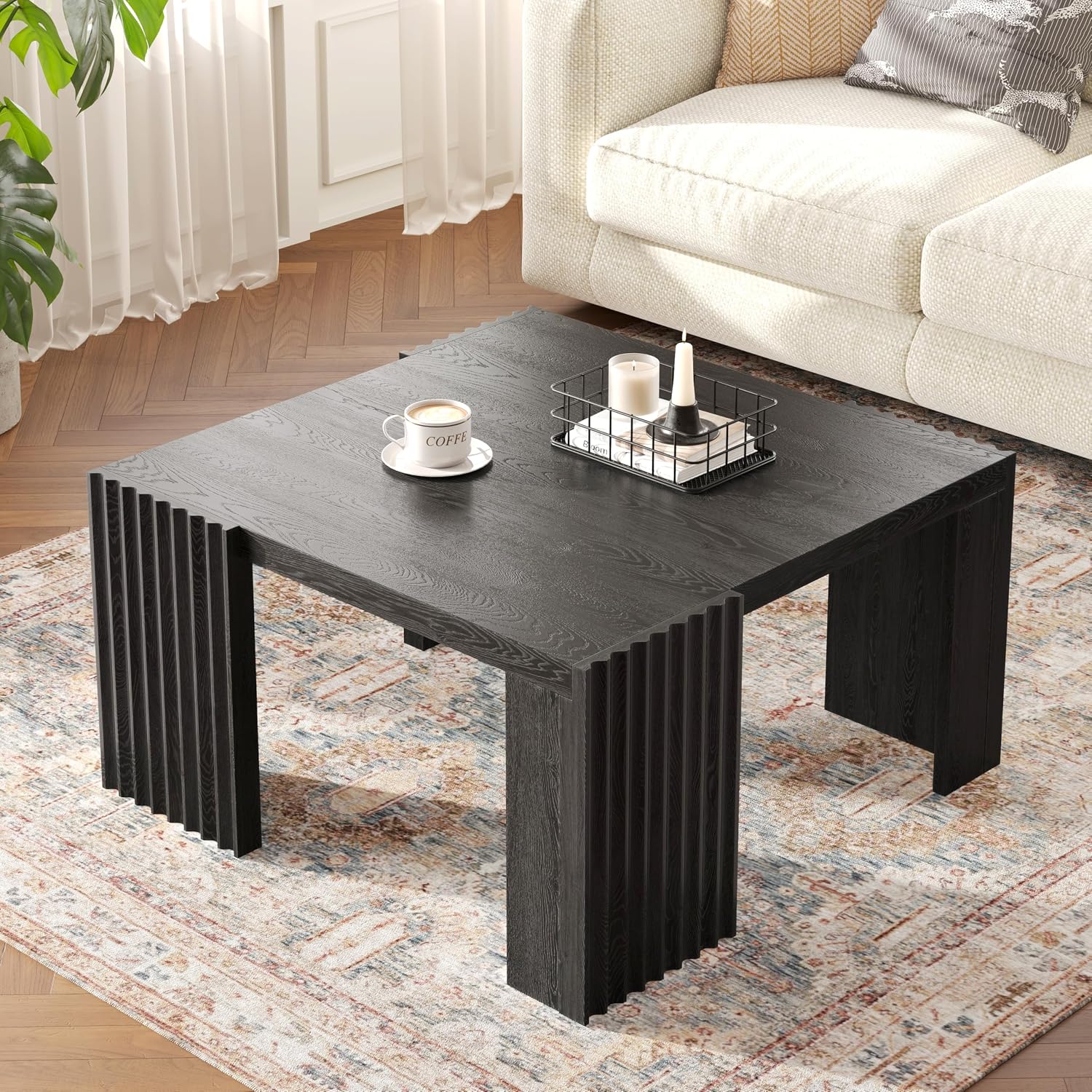 Luoxiao Black Square Fluted Coffee Table for Living Room, Minimalist Modern Accent Center Cocktail Table with 4 Sturdy Legs Wood Living Room Table for Small Space, 27.5-Inch, Easy Assembly