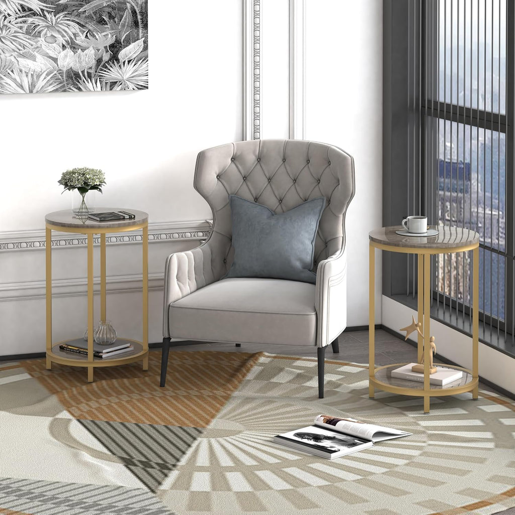 WiberWi Round Side Table Set of 2, Modern Nightstand End Table with Gold Metal Frame &Faux Marble Top, Accent Bedside Table for Living Room Bedroom Small Spaces with Storage Open Shelf, Grey