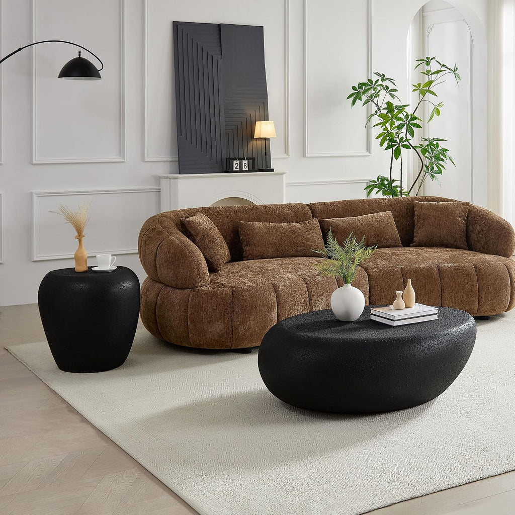 WILLIAMSPACE 19.29' End Table Side Table with Grainy Matte Rocks Pattern, Modern Circle Fiberglass Small Coffee Sofa Table, No Need Assembly (Black)