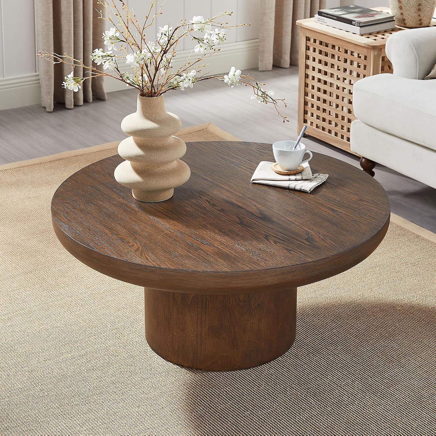 JUSTONE 35.98' Round Coffee Table for Living Room,Rustic Natural Coffee Table for Apartment, Easy Assembly (Dark Brown,36' Dx36 Wx16 H)