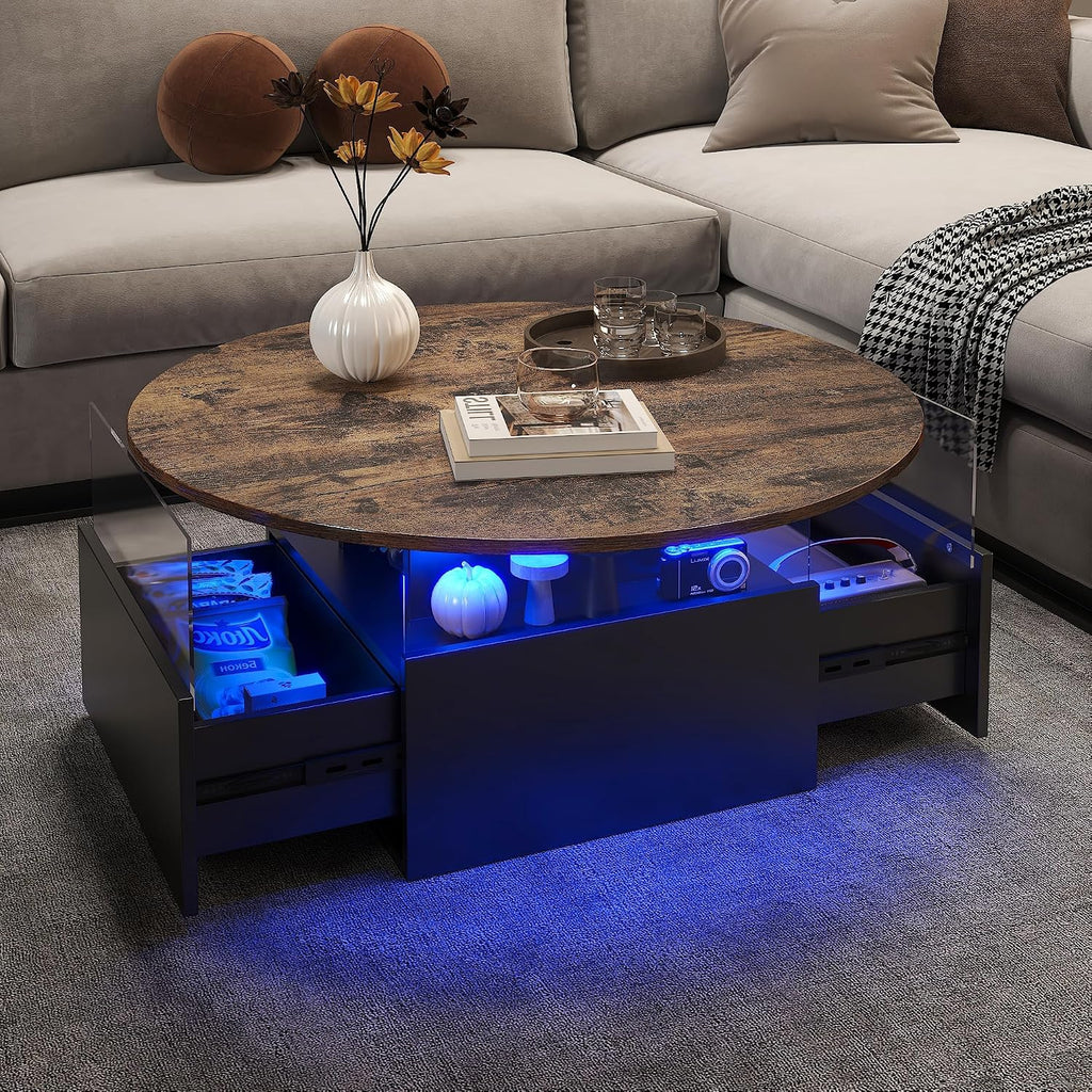 HedoAjim 31.5' Round Coffee Table for Living Room, LED Modern Living Room Table with Storage, Square Acrylic Coffee Tables with 2 Sliding Drawers, Wood Center Table for Reception Dinning Room, Rustic