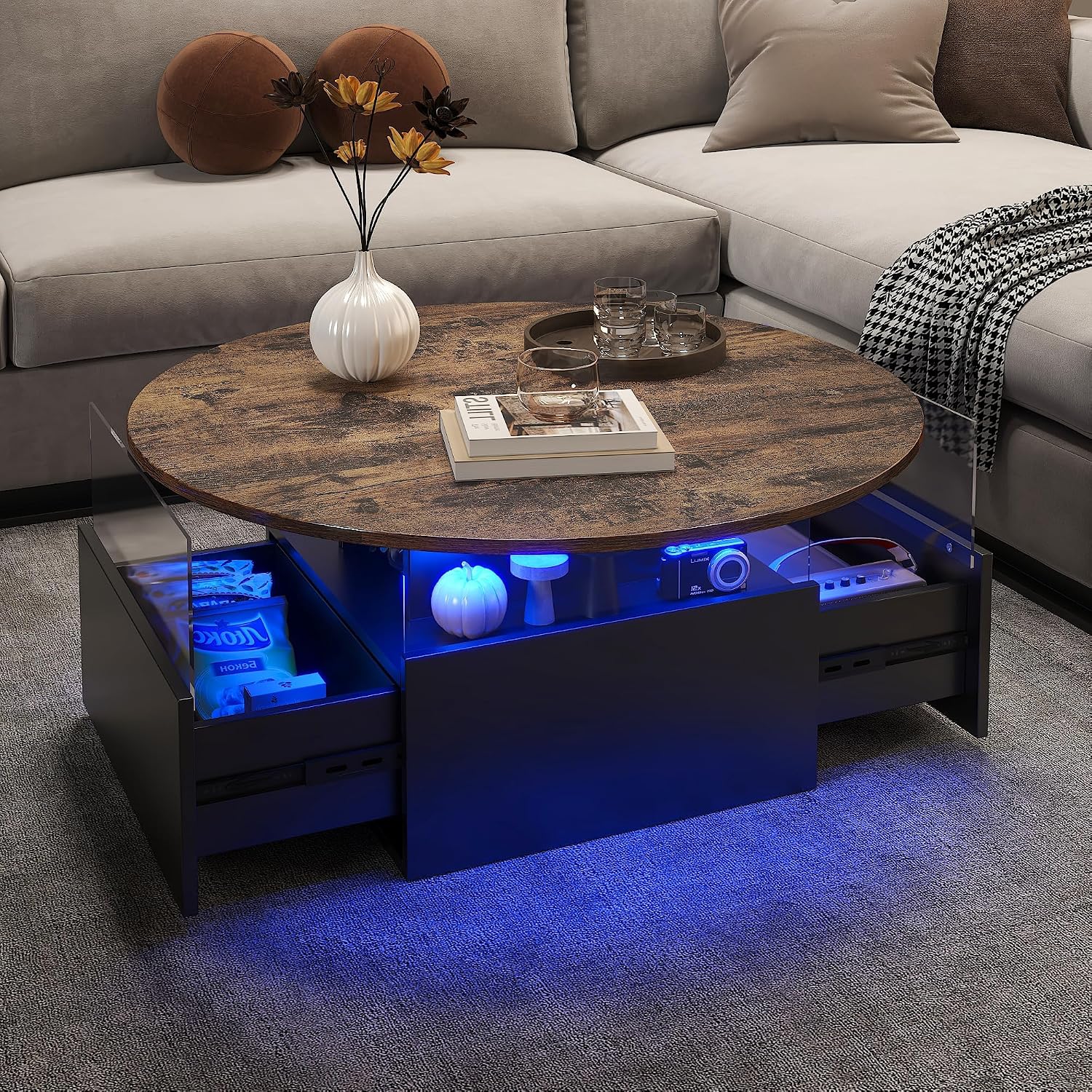 HedoAjim 31.5' Round Coffee Table for Living Room, LED Modern Living Room Table with Storage, Square Acrylic Coffee Tables with 2 Sliding Drawers, Wood Center Table for Reception Dinning Room, Rustic