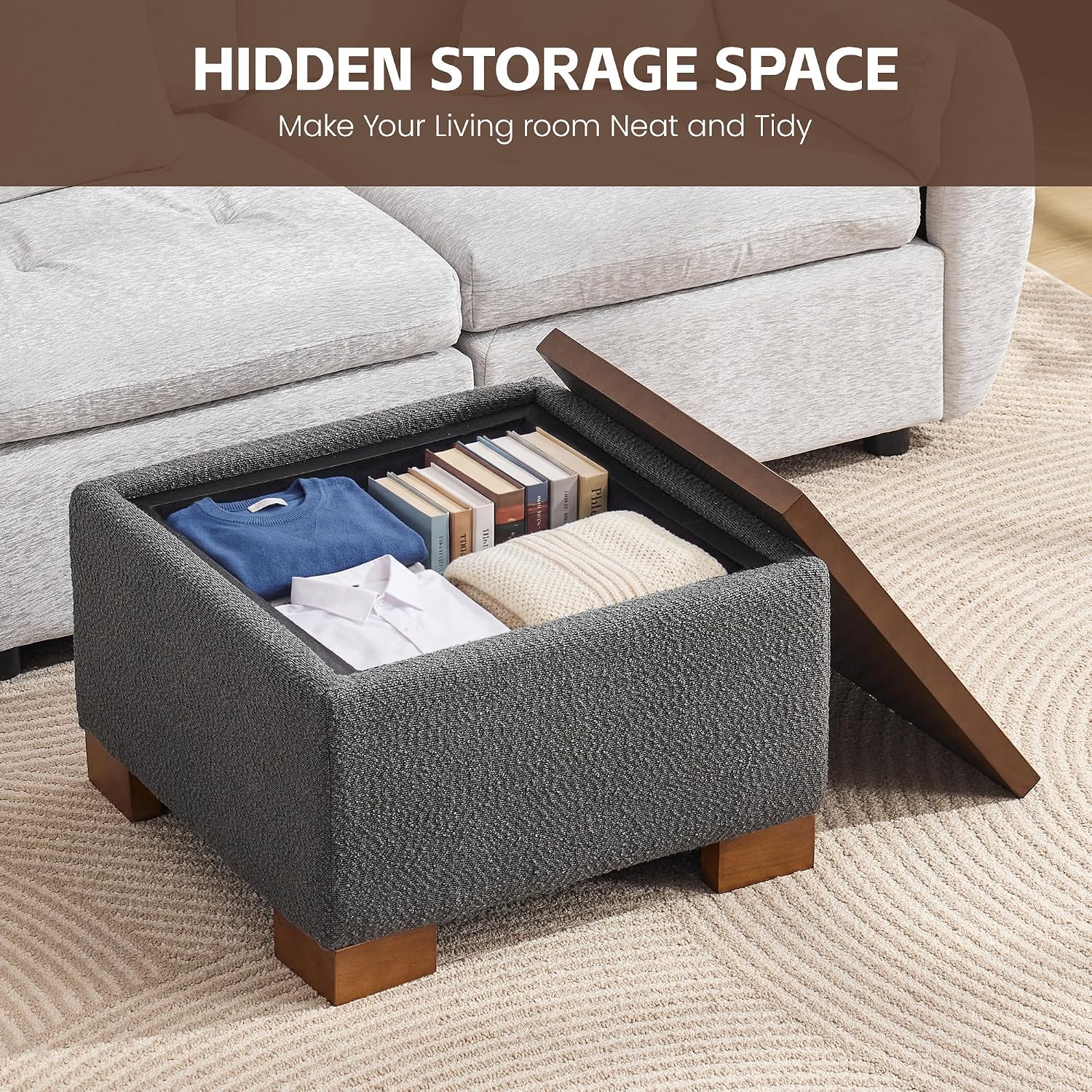 WUTUTUEE 24' Square Ottoman Coffee Table with Storage, Boucle Ottomans with Tray and Solid Wood Legs for Living Room, Bedroom and Apartments, Small Modern Ottoman Tea Table with Lift-Off Lid, Grey