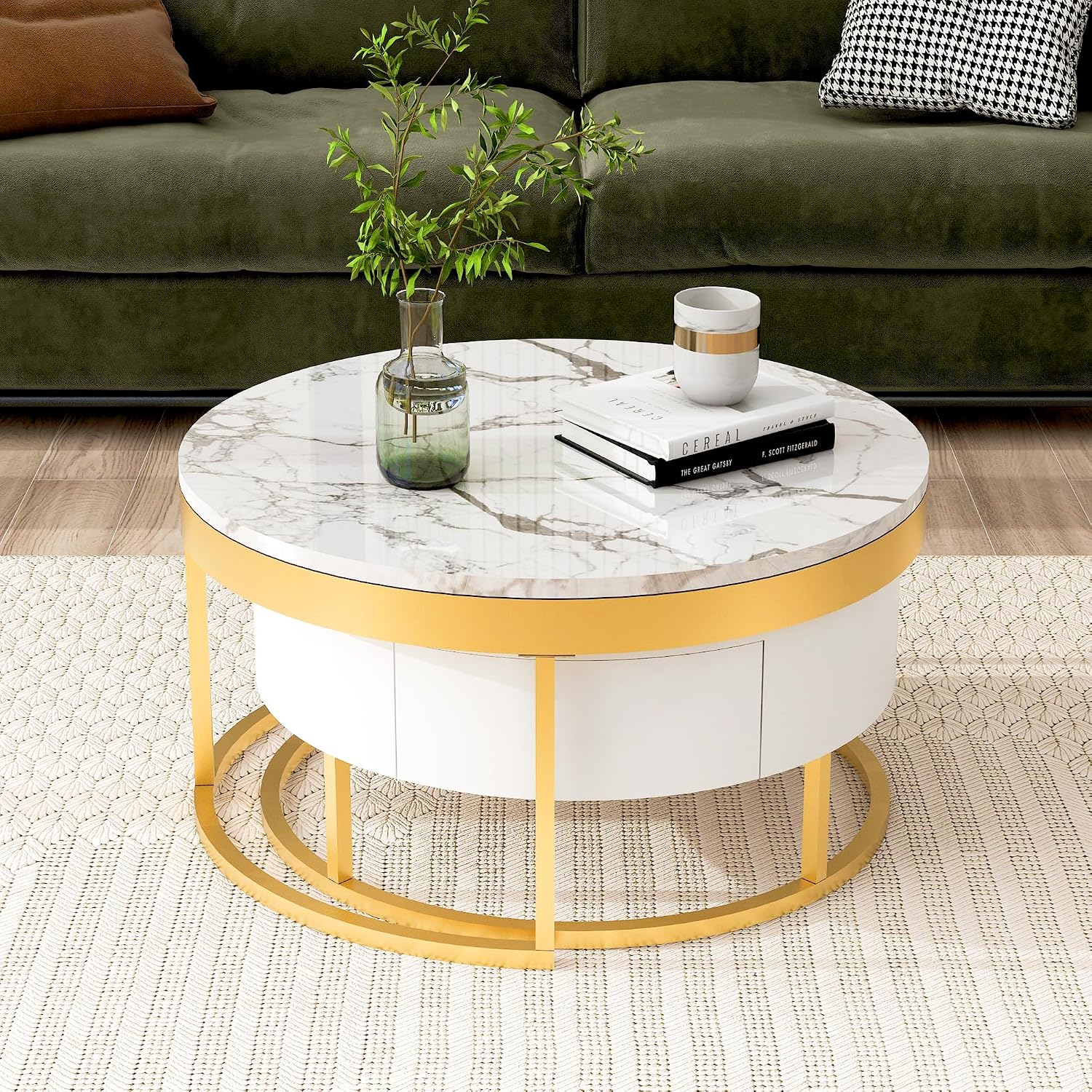 Modern Round Nesting Coffee Table with Drawers for Living Room for Living Room in White