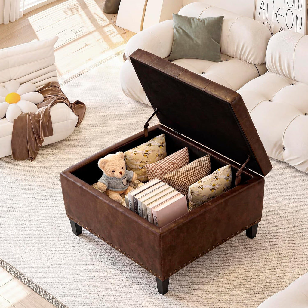 Homebeez Faux Leather Storage Ottoman Bench, Square Coffee Table Footstool Footrest with Wood Legs for Living Room (Distressed Brown)