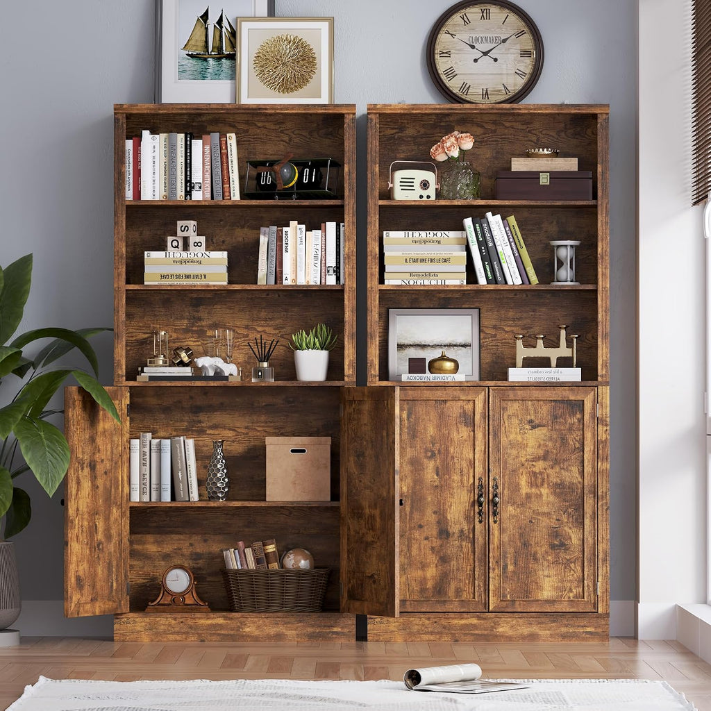 BORNOON 70.1' Tall Bookshelf with Cabinet, 5-Tier Floor Standing Bookcase with Doors & Adjustable Shelves, 31.5' Wide Storage Shelf, Metal Handles, Modern Organizer for Home Office, Living Room