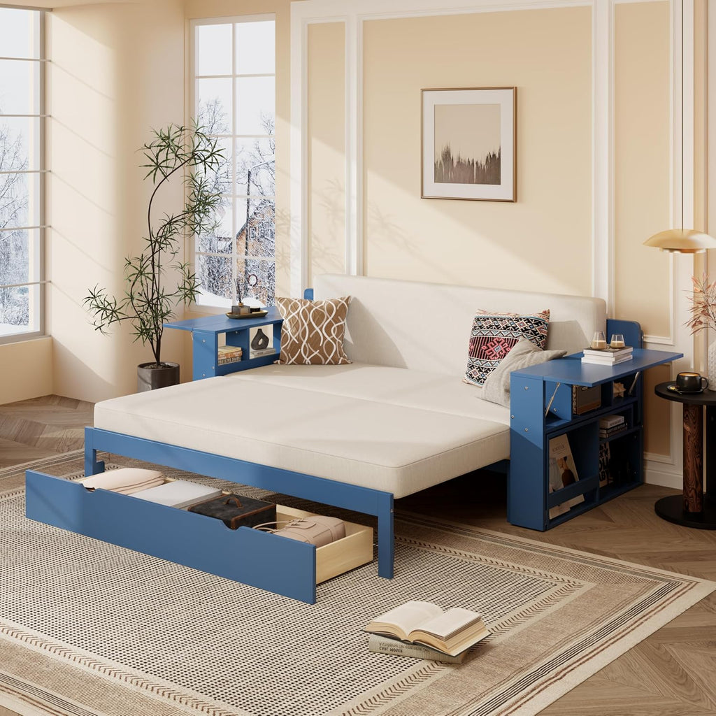 Wood Daybed Queen Size with Removable Desk and Extendable Armrests, 4-in-1 Multifunctional Design Daybed Sofa Bed with Storage Drawers & Hydraulic Side Table (Blue-11.27, Queen)
