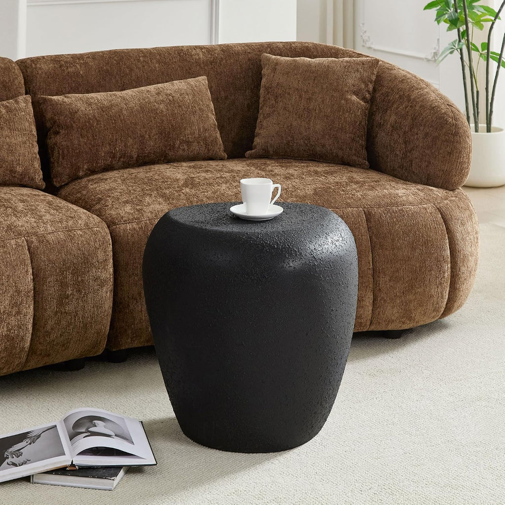 WILLIAMSPACE 19.29' End Table Side Table with Grainy Matte Rocks Pattern, Modern Circle Fiberglass Small Coffee Sofa Table, No Need Assembly (Black)