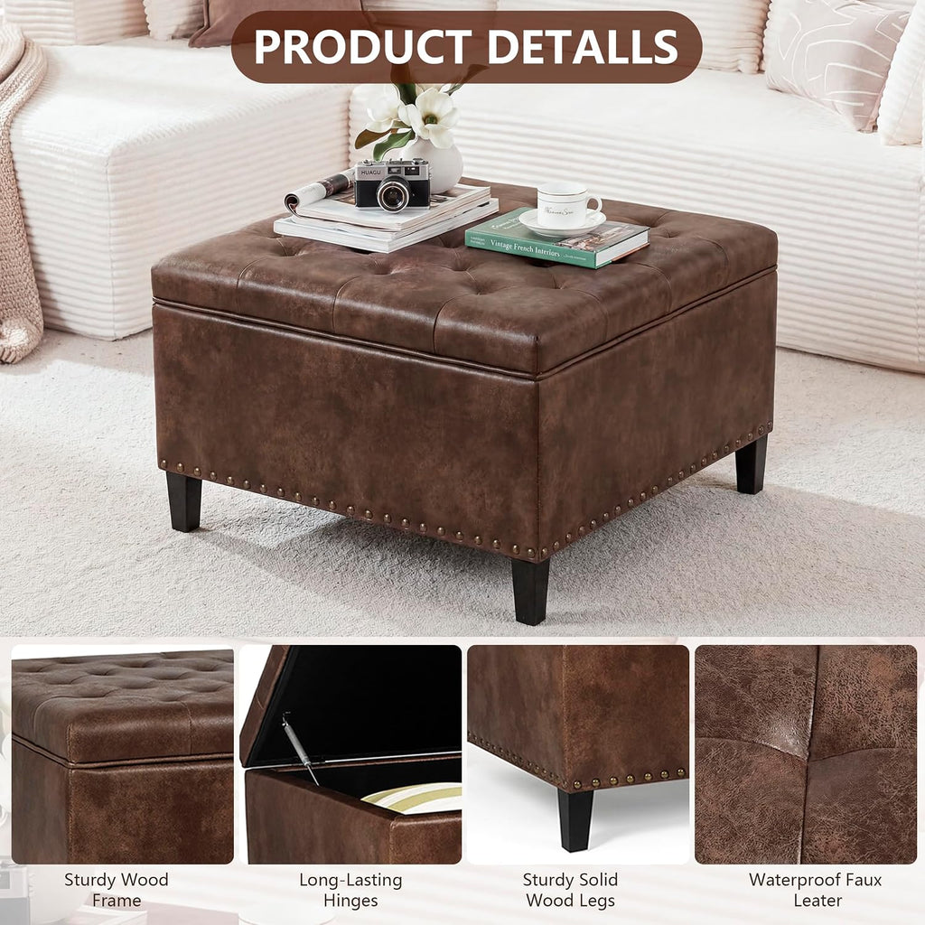 Homebeez Faux Leather Storage Ottoman Bench, Square Coffee Table Footstool Footrest with Wood Legs for Living Room (Distressed Brown)