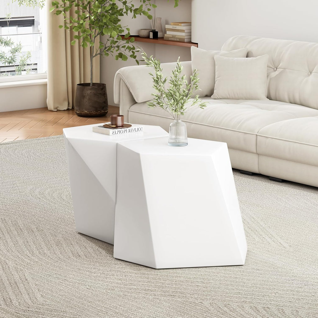 Christopher Knight Home Skyles Coffee Table Set of 2, Geometric Lightweight Concrete Patio End Table, Contemporary Home Decor, Flexible Indoor Outdoor Coffee Tables, No Assembly Required, White