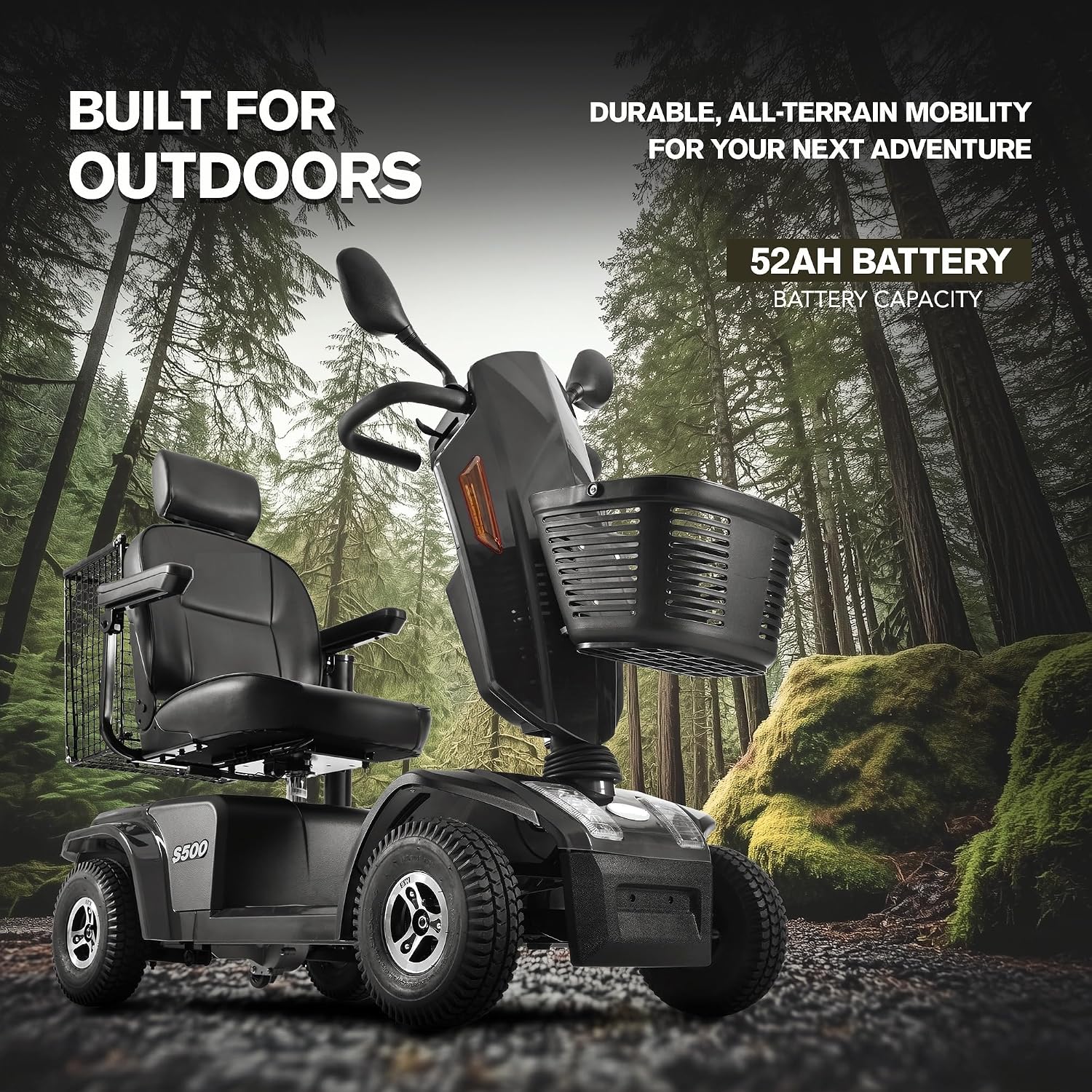 Mobility Scooters for Seniors & Adults 500 Lb Weight Foldable,Heavy Duty 4 Wheel Powered Scooter,Portable Disability Electric Wheelchair,500W Motor,52AH Battery,25 Miles Range,Rear Basket,Black
