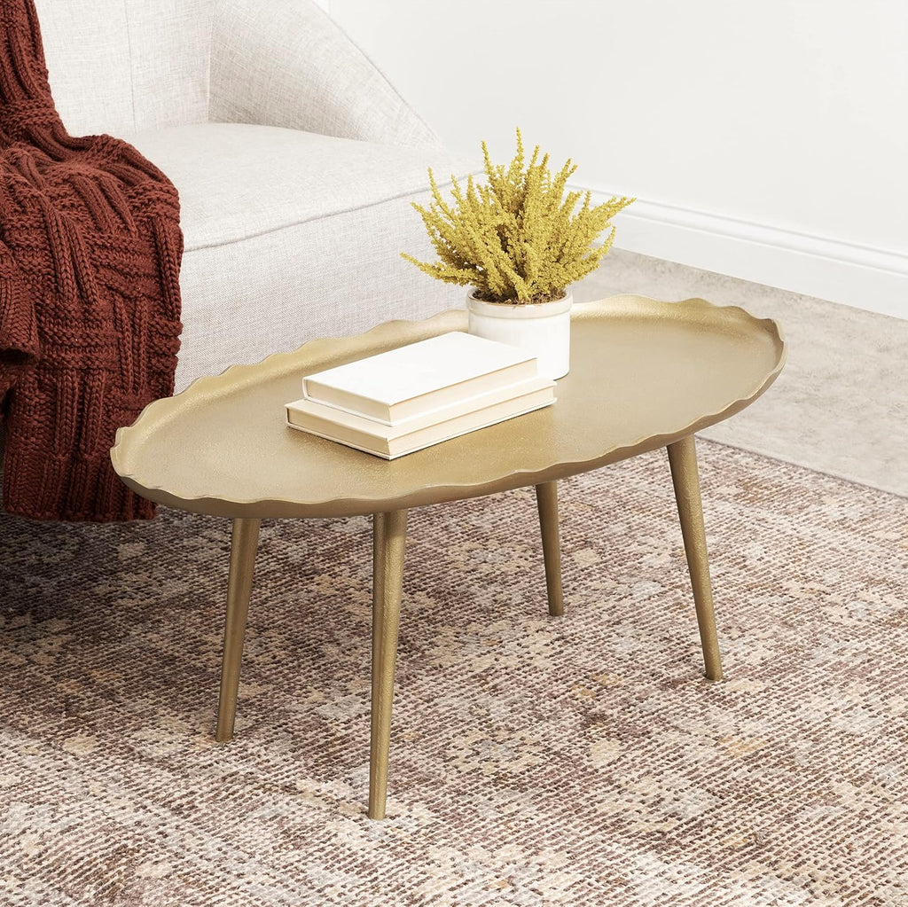 Kate and Laurel Alessia Modern Glam Oval Coffee Table, 34 x 20 x 15, Gold, Metal Living Room Table for Storage and Display with Antique Deckled Edge Detailing
