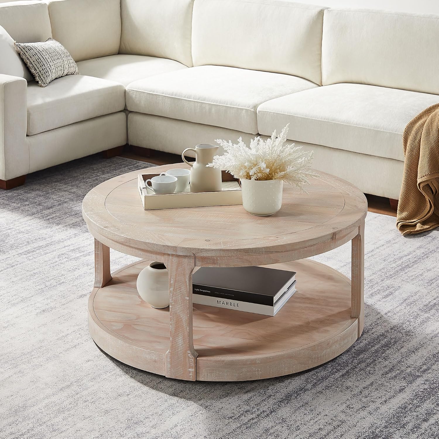 WILLIAMSPACE 40' Round Coffee Table with Wheels, Circle 2 Tier Solid Wood Center Coffee Table, Mid Century Retro Farmhouse Rounded End Table for Living Room Apartment, ø40 x 17.52' H (Oak)
