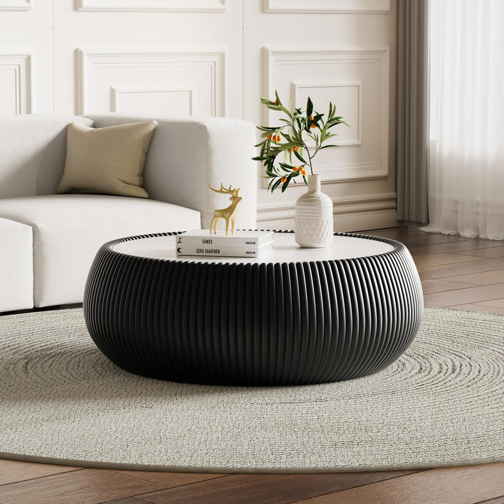 Black Round Coffee Table with Sintered Stone Tabletop, 27.55' Drum Coffee Table with Fluted PU Leather Covered and Stable Base, Circle Cocktail Tea Table for Living Room