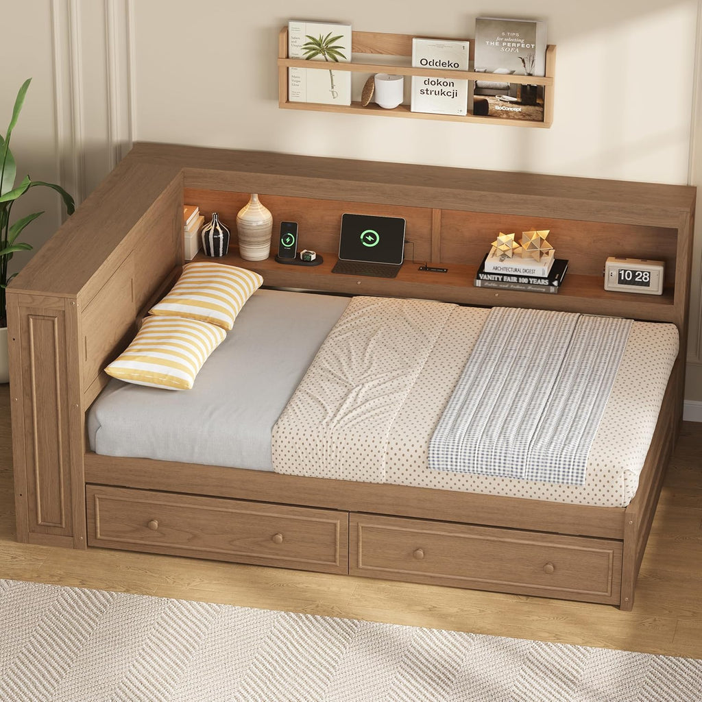 MERITLINE Full Size DayBed with 2 Storage Drawers and Shelves, Full Wood Corner Bed Frame with Headboard, USB Charging Ports and LED Lights for Living Room, Antique Wood
