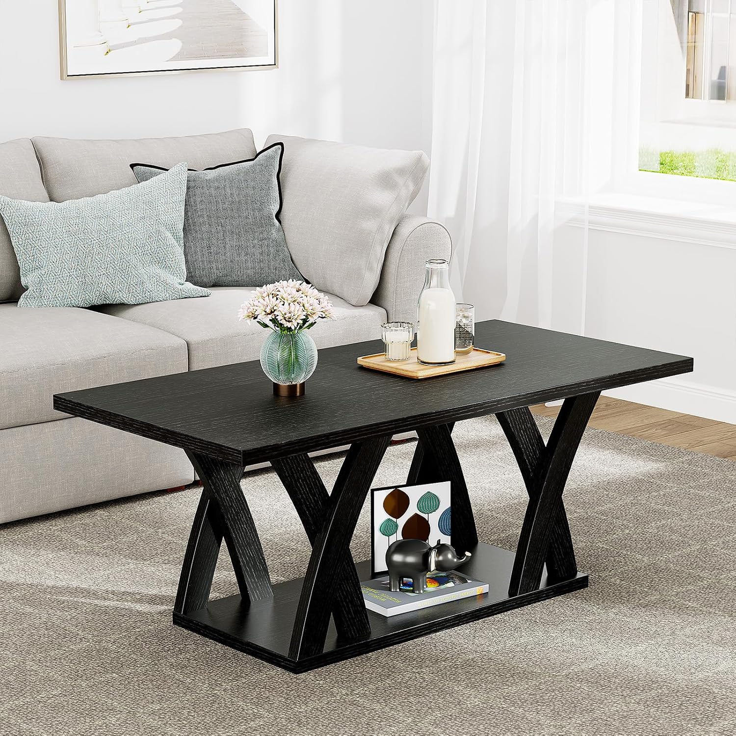47' Farmhouse Coffee Tables for Living Room Rustic Stands with Storage Shelf Black Coffee Tables for Living Room Farmhouse Center Stands with Shelf Wood Rectangle Center Table