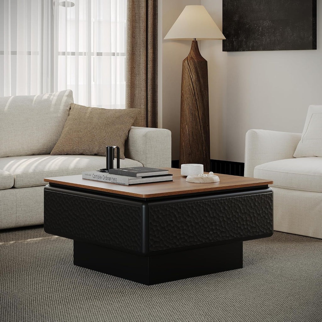 SSLine Lift-Top Coffee Table with Storage, 31.5' Square Coffee Table for Living Room Bedroom, Modern Rustic Lift Brown Wooden Top Center Tables with Hammered Texture Black Frame