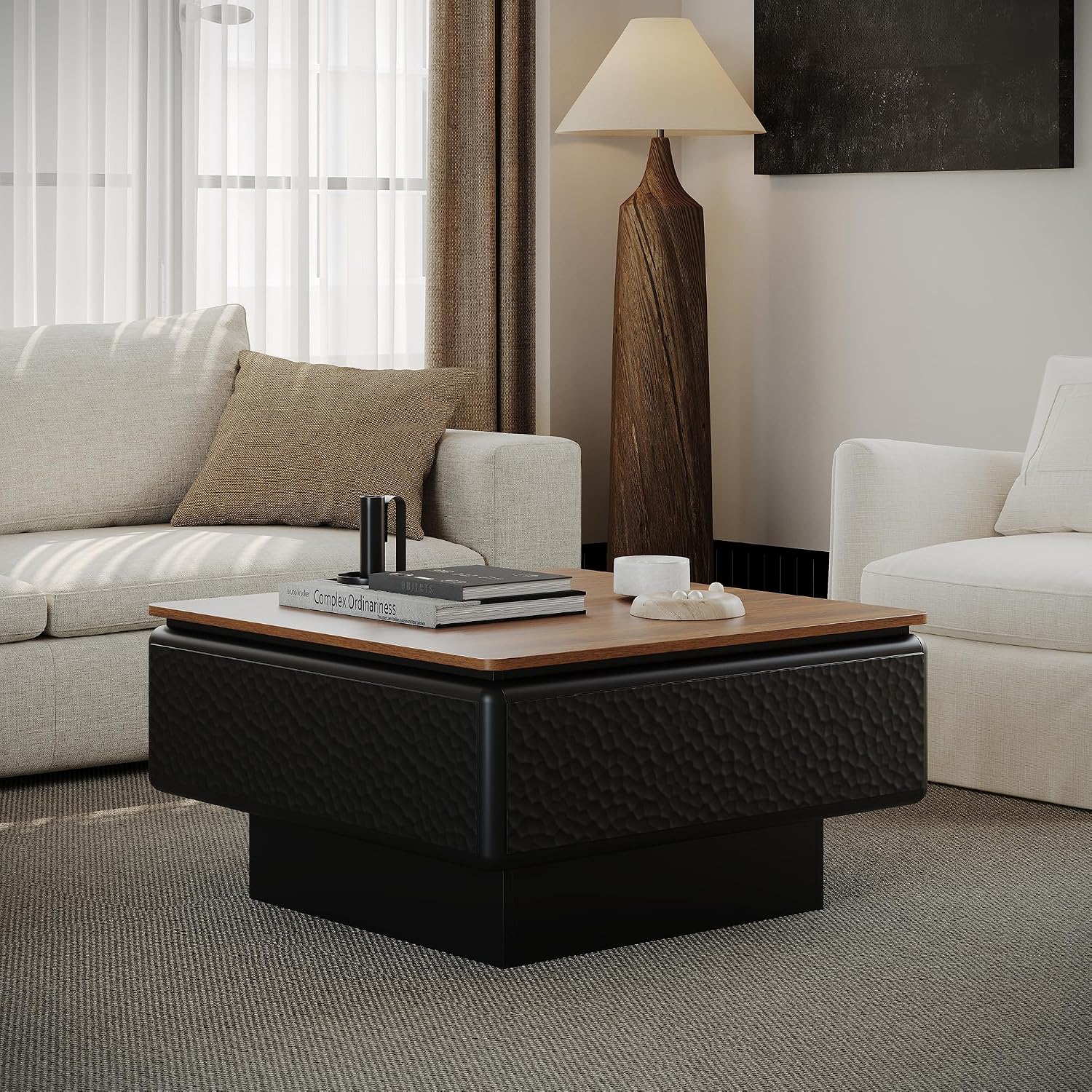 SSLine Lift-Top Coffee Table with Storage, 31.5' Square Coffee Table for Living Room Bedroom, Modern Rustic Lift Brown Wooden Top Center Tables with Hammered Texture Black Frame