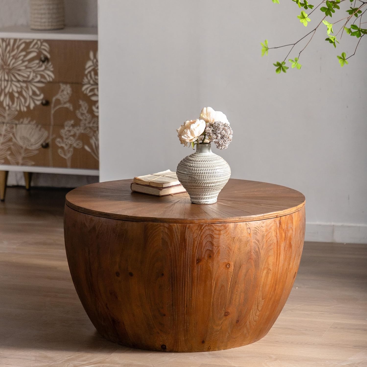 31.5' Retro Style Bucket Shaped Coffee Table with Storage, Drum Center Table for Living Room, Apartment, Office, Dining Room, Brown, No Need Assembly