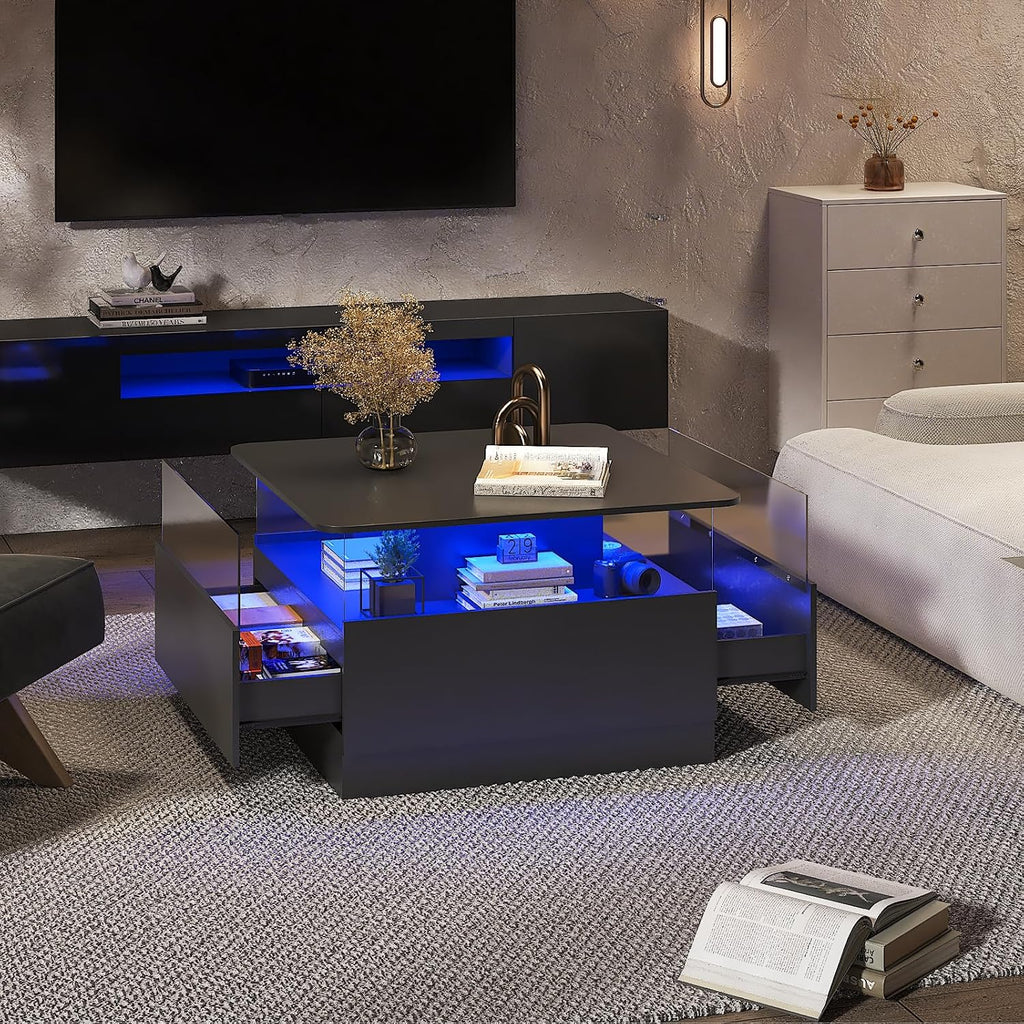 HedoAjim Square Coffee Tables with Storages, Modern Coffee Table for Living Room, Black Round Coffee Tables and 2 Spacious Drawers, Coffee Table with LED Light
