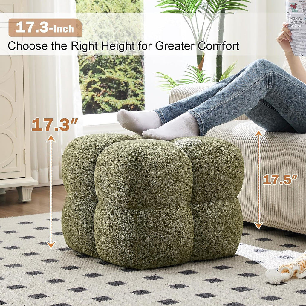 Zesthouse Square Pouf Ottoman Footstool, Modern Ottoman Coffee Table for Living Room, Poofy Boucle Stool Foot Rest, Upholstered Tufted Stool for Couch, Cube Vanity Chair Backless for Bedroom, Green