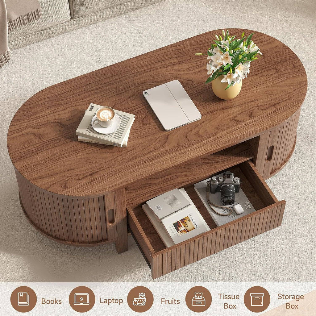 47.2' Fluted Coffee Table, Oval Coffee Table with 1 Drawer and 1 Open Shelf, Mid-Century Modern Center Tables with Storage and Sliding Doors, Coffee Tables for Living Room, Walnut