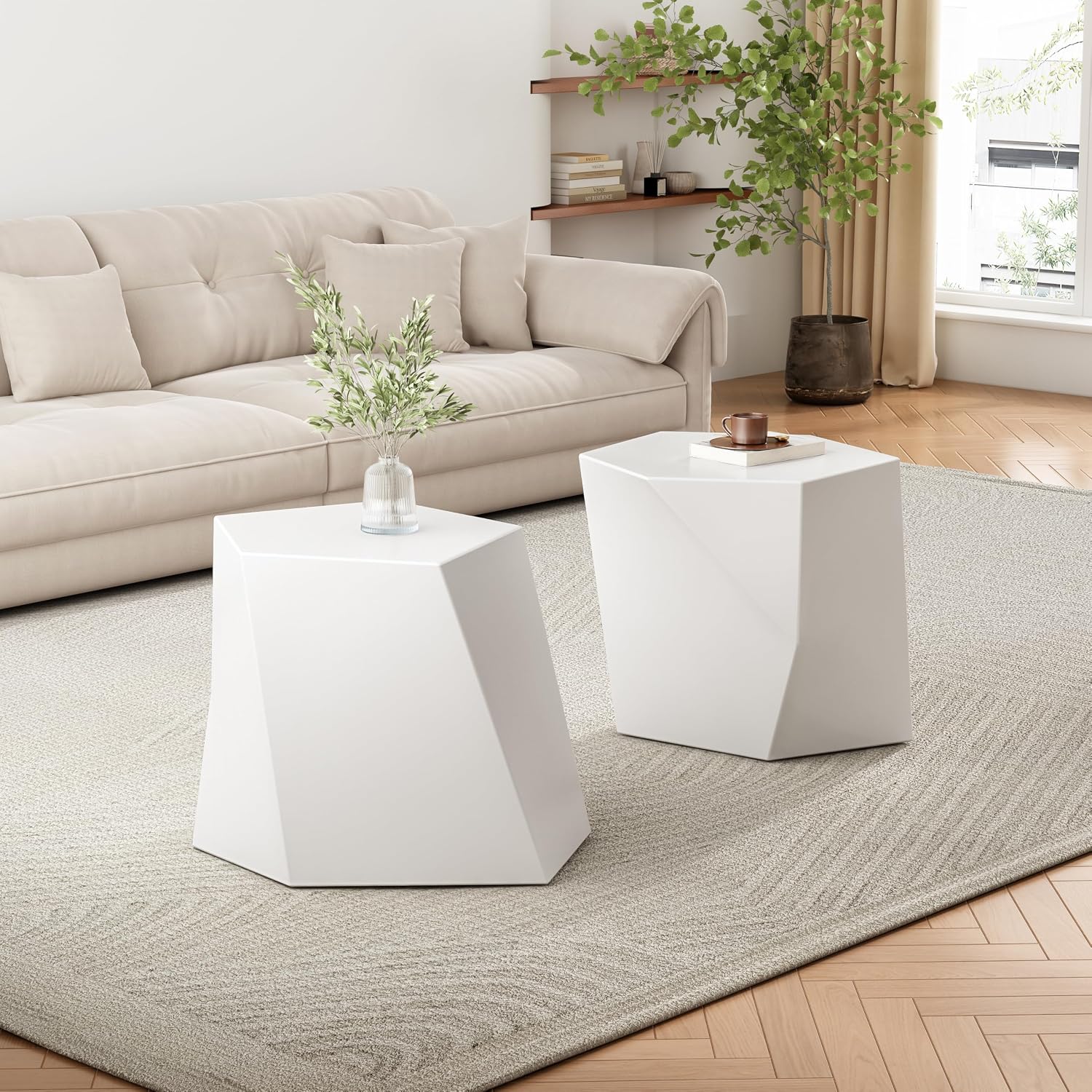 Merax Modern Mgo Coffee Table Set, 2 Piece Geometric Side Table Includes 1 Pentagon-Topped Table & 1 Hexagon-Topped Table for Living Room Office, White