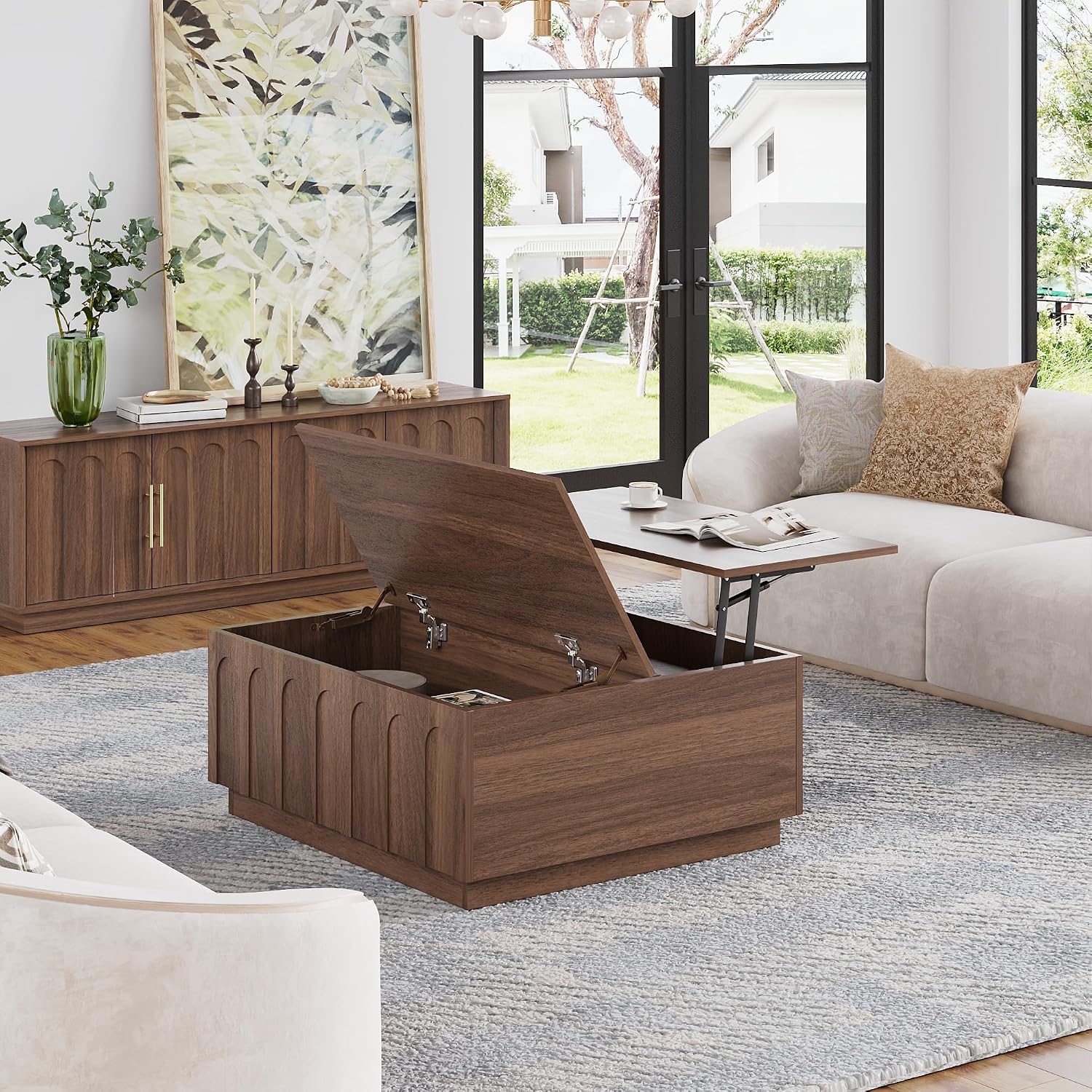 FORTUNETEC Lift Top Coffee Table with Storage, Modern Coffee Table with Arched Design, 31.5' Square Tea Table with Wood Grain, Minimalist Multifunctional Center Table for Living Room, Office, Walnut