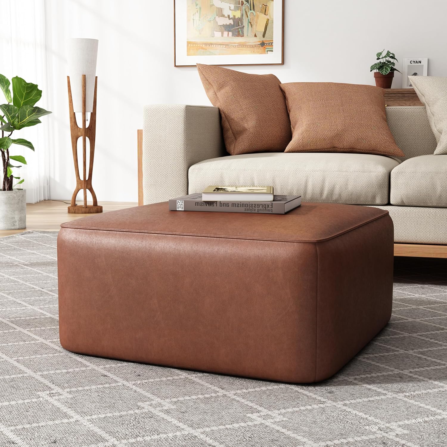 Christopher Knight Home Faux Leather Ottoman Footstool, Square Pouf Poufee Footrest Ottoman Large Seat, Modern Side Table for Living Room Bedroom Home Decor Gifts, Light Brown 30'
