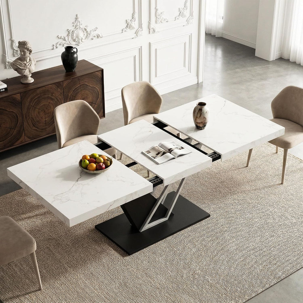 COSIEST 59'' to 78.7'' Extendable Dining Table for 4-8, Faux Marble Expandable Kitchen Table with Sturdy Metal Base, Rectangle Dinner Table for Small Space, Dining Room, Living Room, White