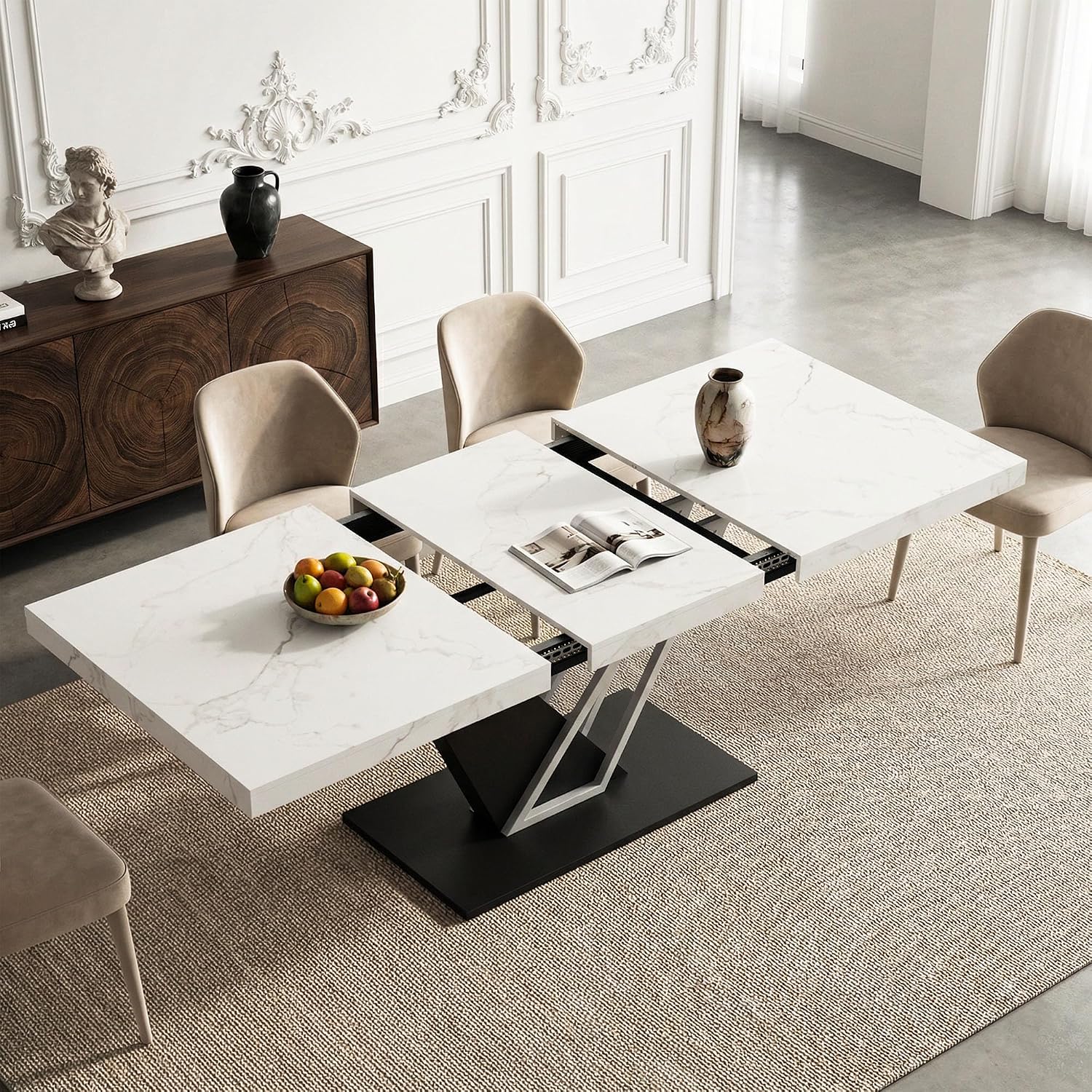 COSIEST 59'' to 78.7'' Extendable Dining Table for 4-8, Faux Marble Expandable Kitchen Table with Sturdy Metal Base, Rectangle Dinner Table for Small Space, Dining Room, Living Room, White