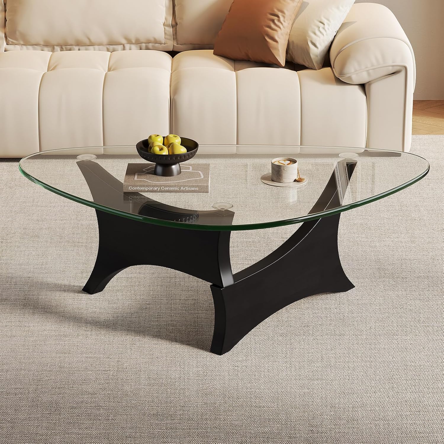 Glass Coffee Table Mid-Century Modern Coffee Table for Living Room Center Table Suitable for Bedroom Living Room Reception Office Tables（Black/Transparent，Medium）