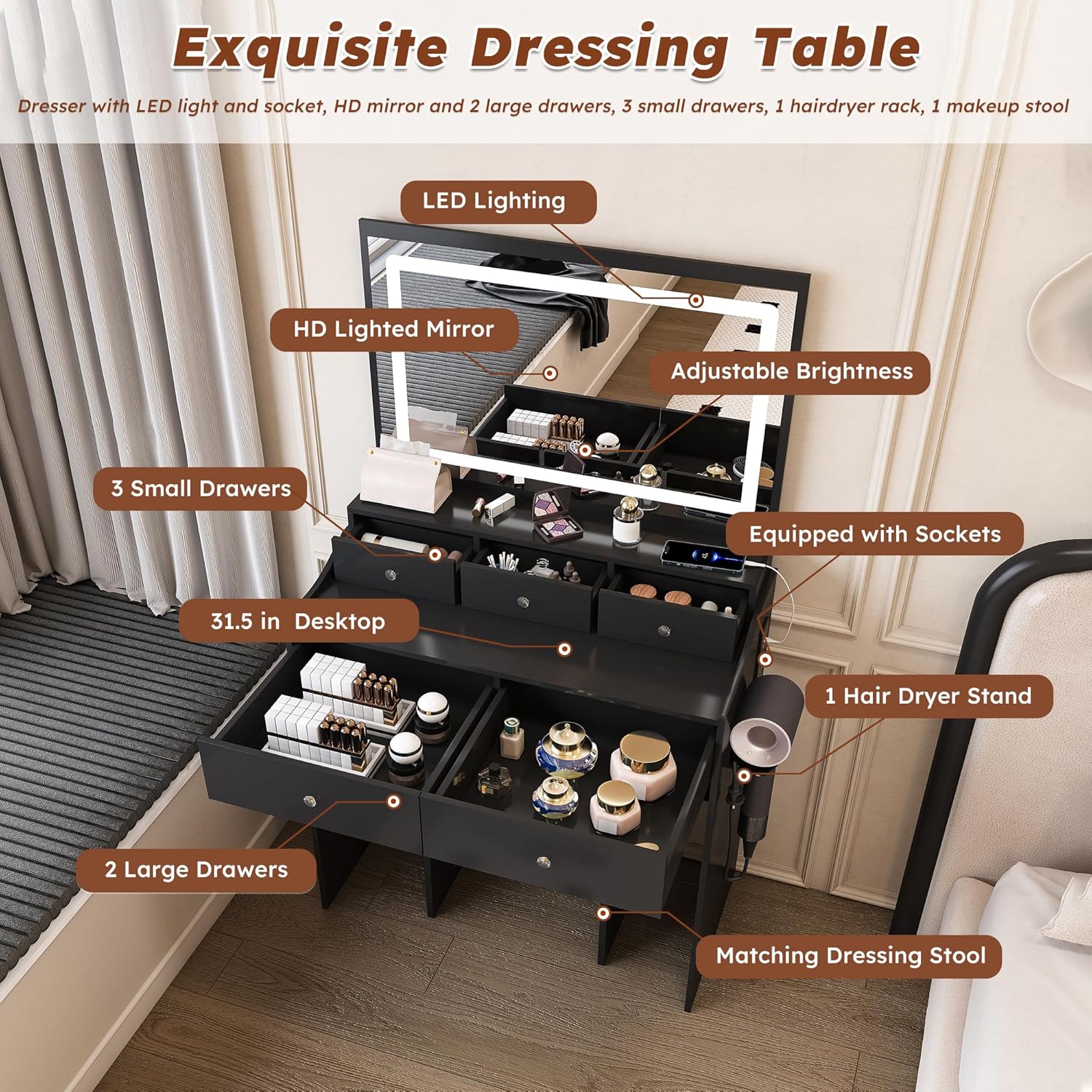 Vanity Desk with LED Light Mirror, Storage Makeup Vanity Table with Stool, 5 Drawers, Hairdryer Holder, Power Outlet, 3 Adjustable Lighting Colors, Dressing Table and Chair for Bedroom, Black