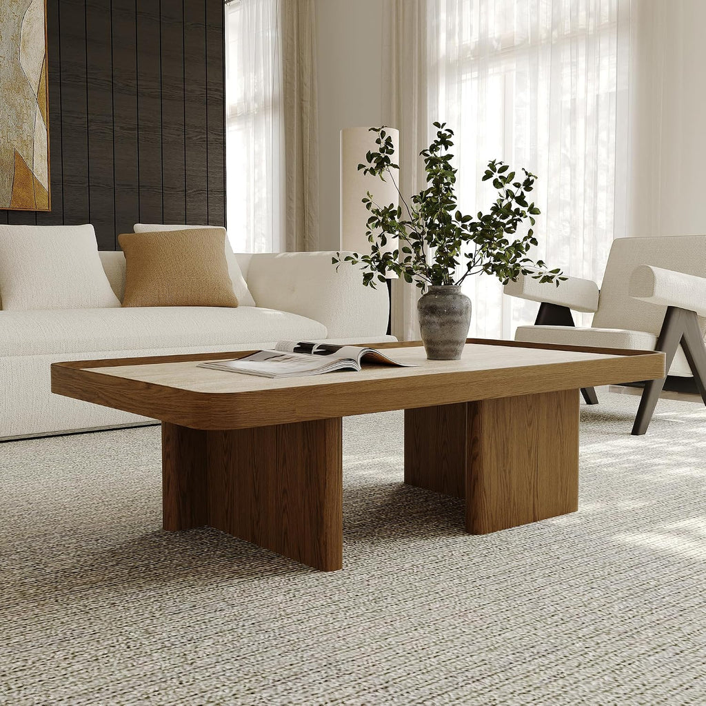 VAFON 51.18'' Square Coffee Table for Living Room, Mid Century Modern Center Tea Table, Sintered Stone Tabletop with Wood Wraps, Wood Base, Minimalist Center Tables, Easy Assembly, Brown