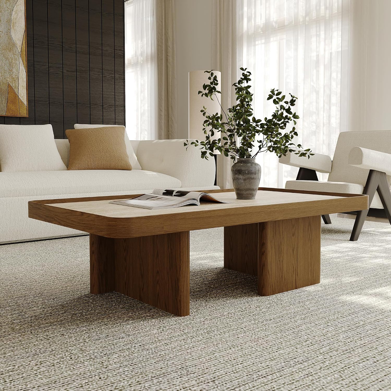 VAFON 51.18'' Square Coffee Table for Living Room, Mid Century Modern Center Tea Table, Sintered Stone Tabletop with Wood Wraps, Wood Base, Minimalist Center Tables, Easy Assembly, Brown
