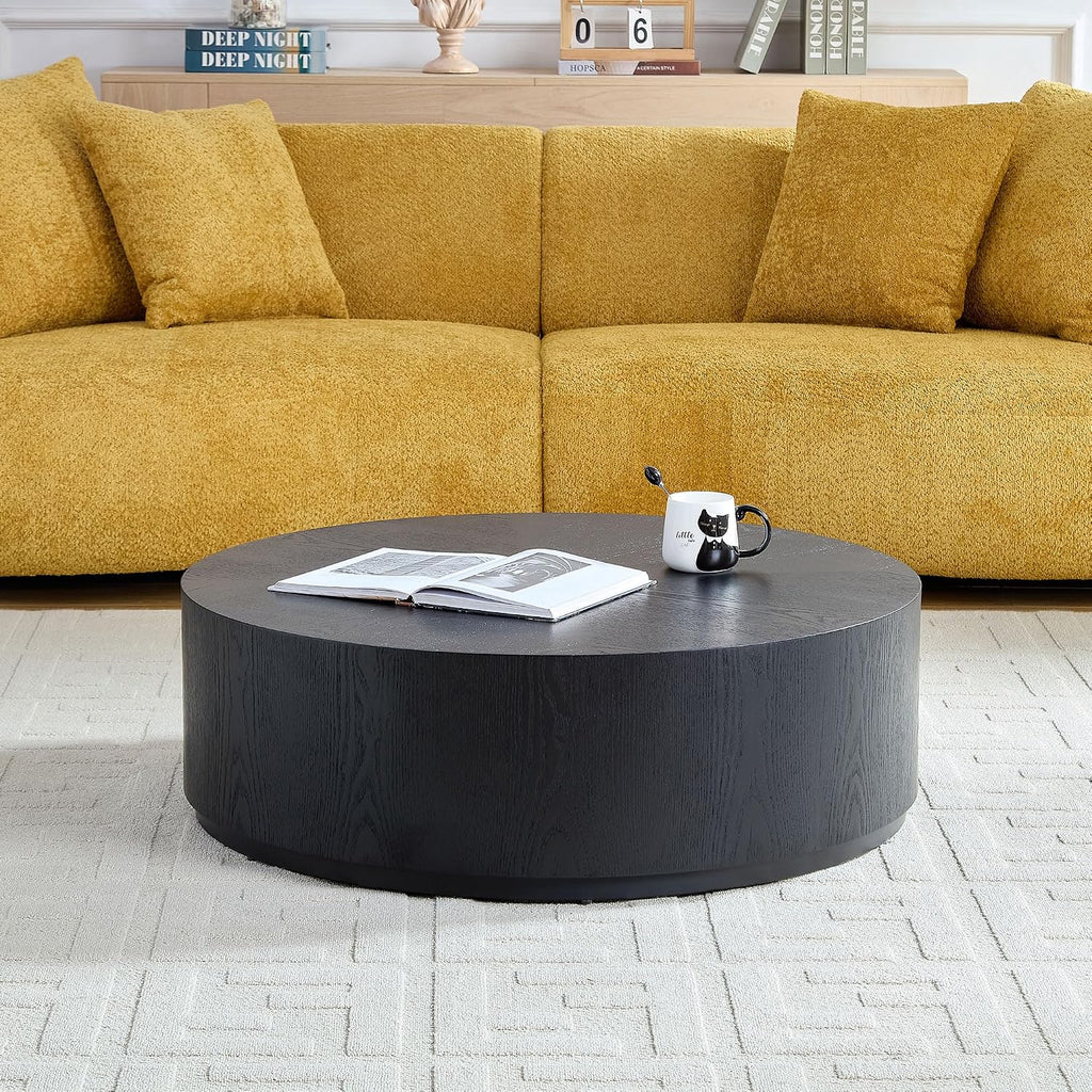 WILLIAMSPACE 35.43' Round Coffee Table for Living Room, Modern Wooden Drum Coffee Table Circle Center Table Side Table End Table for Apartment Office, No Need Assembly (Black)