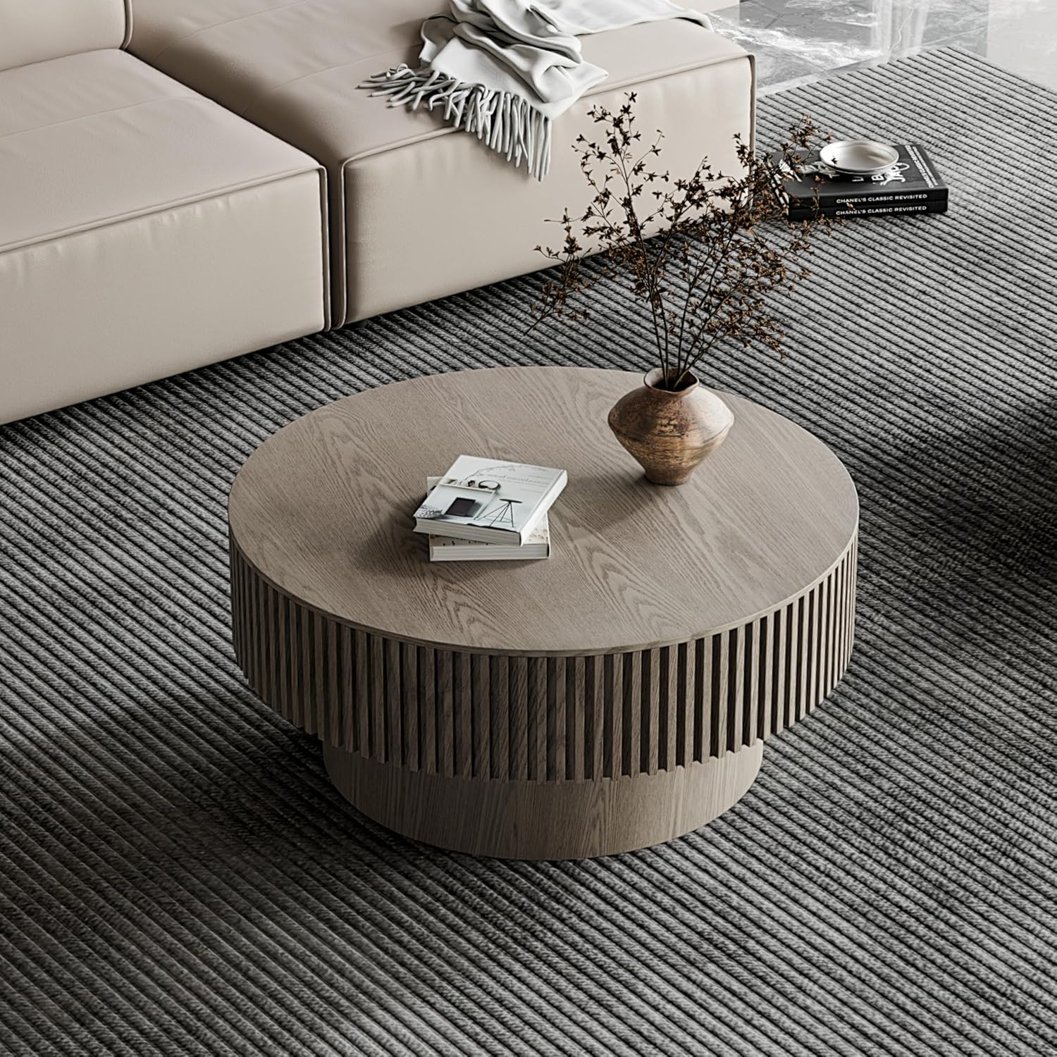 31.5'' Round Coffee Table Modern Wood Coffee Table with Storage Space for Living Room, Contemporary Circle Fluted Drum Pedestal Style, Easy Assembly, Gray (ø31.49'' x 14'')