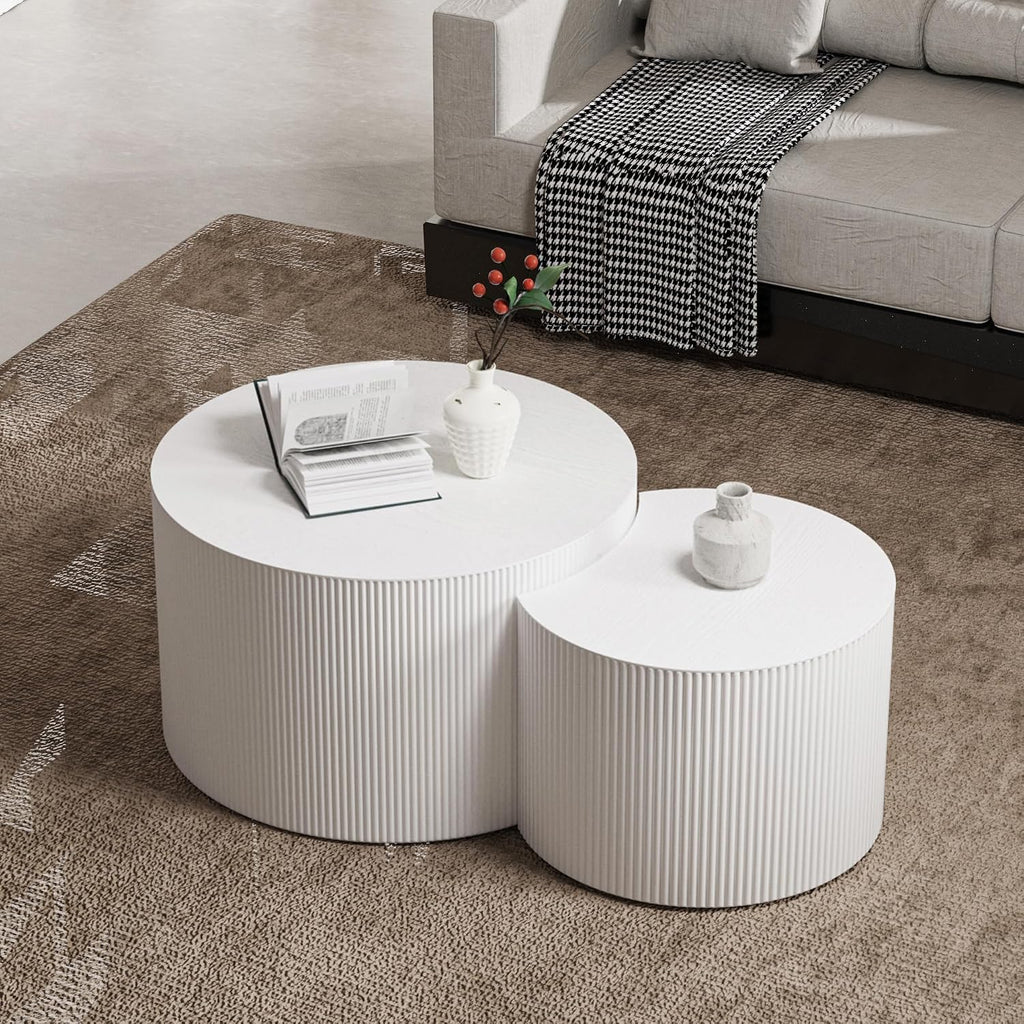 Round Coffee Table Set of 2 Modern Nesting Coffee Tables Wooden Drum Coffee Tables with Non-Slip Feet, Circle Nesting Tables End Table for Living Room Office, No Assembly (Cream 27.56'+19.69')
