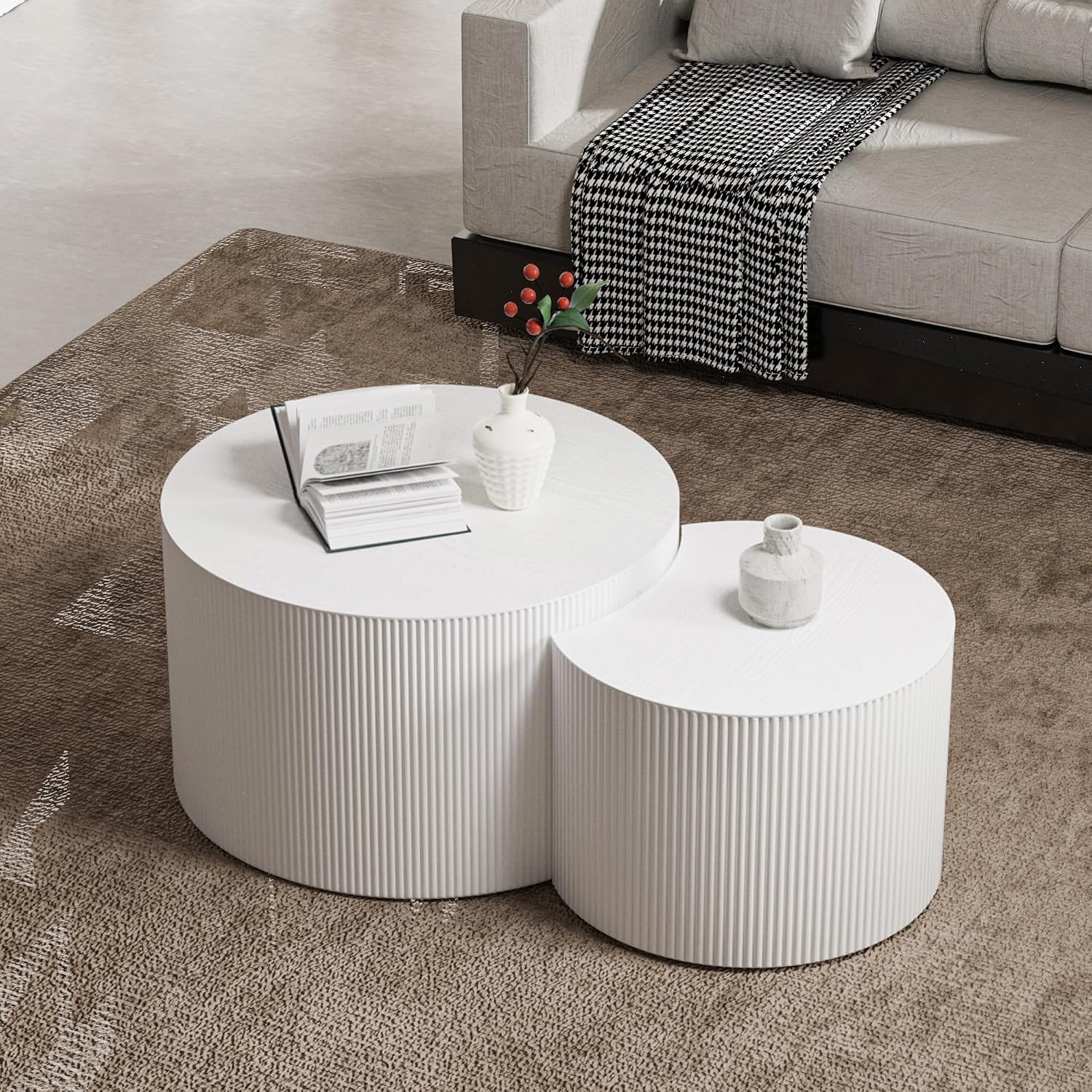 Round Coffee Table Set of 2 Modern Nesting Coffee Tables Wooden Drum Coffee Tables with Non-Slip Feet, Circle Nesting Tables End Table for Living Room Office, No Assembly (Cream 27.56'+19.69')