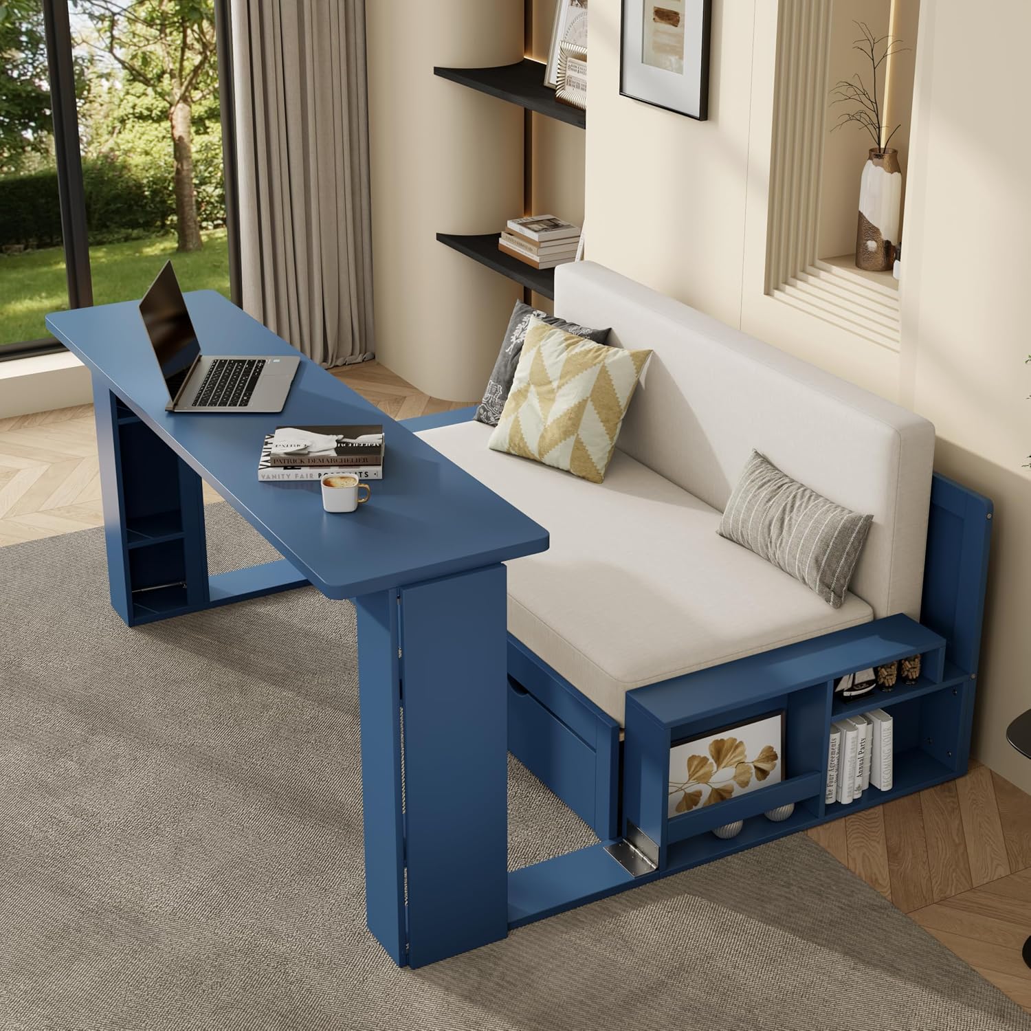 Wood Daybed Full Size with Removable Desk and Extendable Armrests, 4-in-1 Multifunctional Design Daybed Sofa Bed with Storage Drawers & Hydraulic Side Table (Blue-11.27, Full)