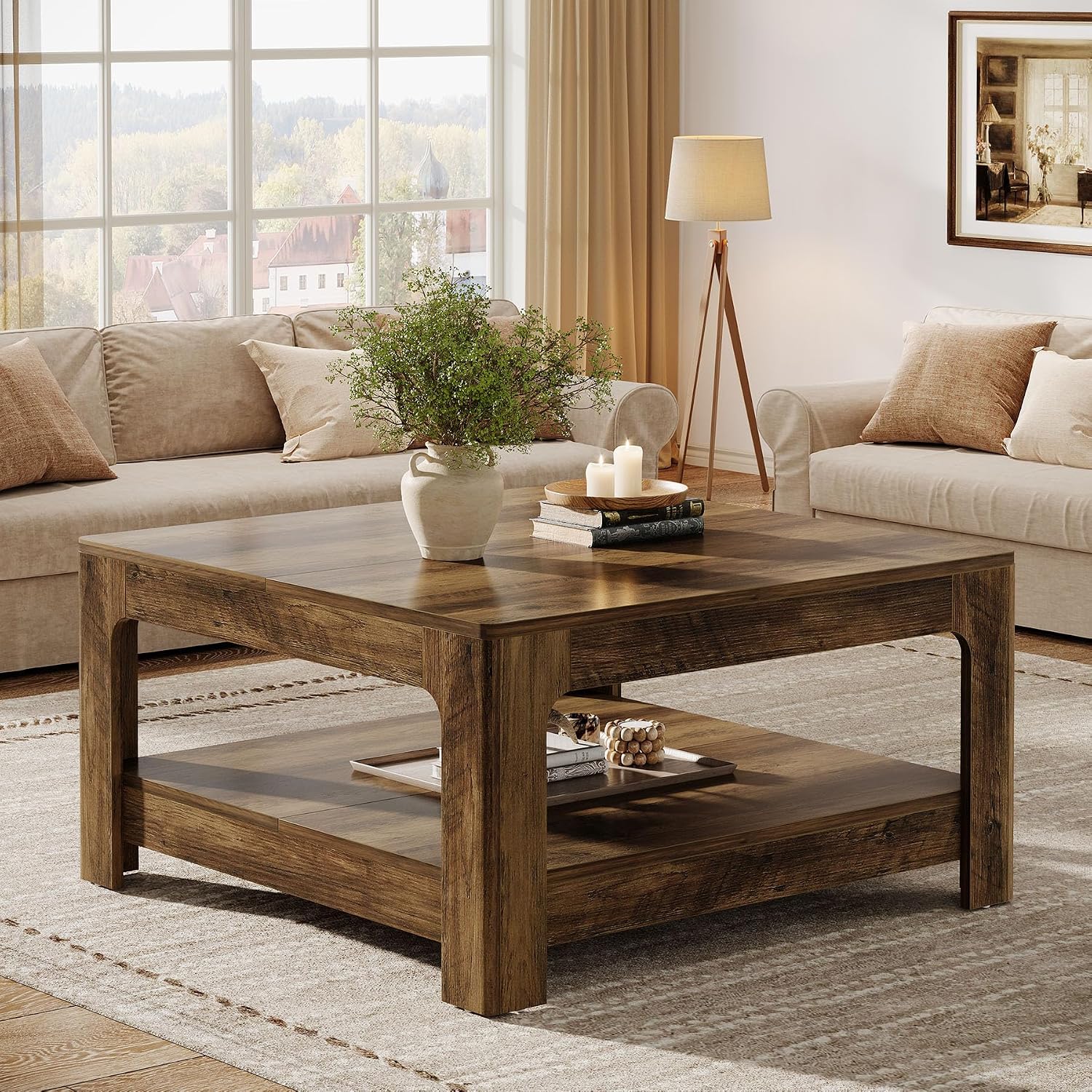 Tribesigns Square Coffee Table with Storage, 39.4-Inch Large Farmhouse Wooden Center Tea Accent Table for Living Room, Rustic Brown