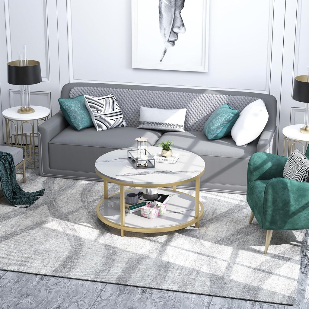 WiberWi Round Coffee Table 33.5' Coffee Tables for Living Room High Glossy Faux White Marble Top Modern Circle Table Sturdy Gold Metal Frame Legs Cocktail Table with Storage Open Shelf