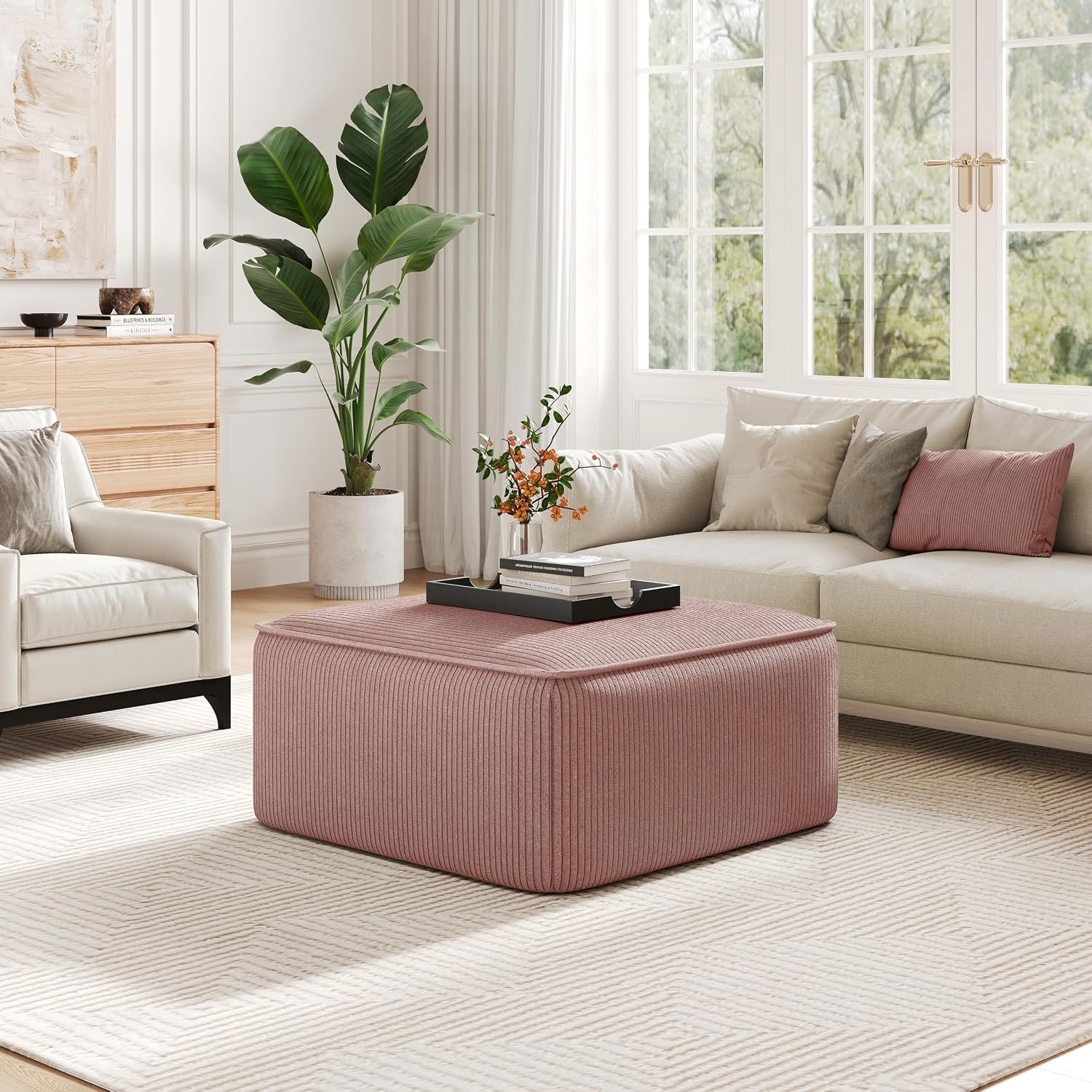 Christopher Knight Home Isa Square Ottoman Footstool, Corduroy Pouf Poufee Footrest Ottoman Large Seat, Modern Side Table for Living Room Bedroom Home Decor, Pink, 30'