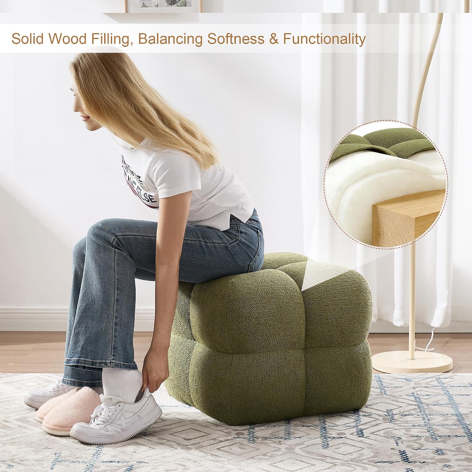 Zesthouse Square Pouf Ottomans Footstool set of 2, Upholstered Poofy Ottoman for Couch Sofa, Modern Ottoman Coffee Table for Living Room, Green Boucle Fabric Stool Foot Rest Cute Vanity Chair Backless