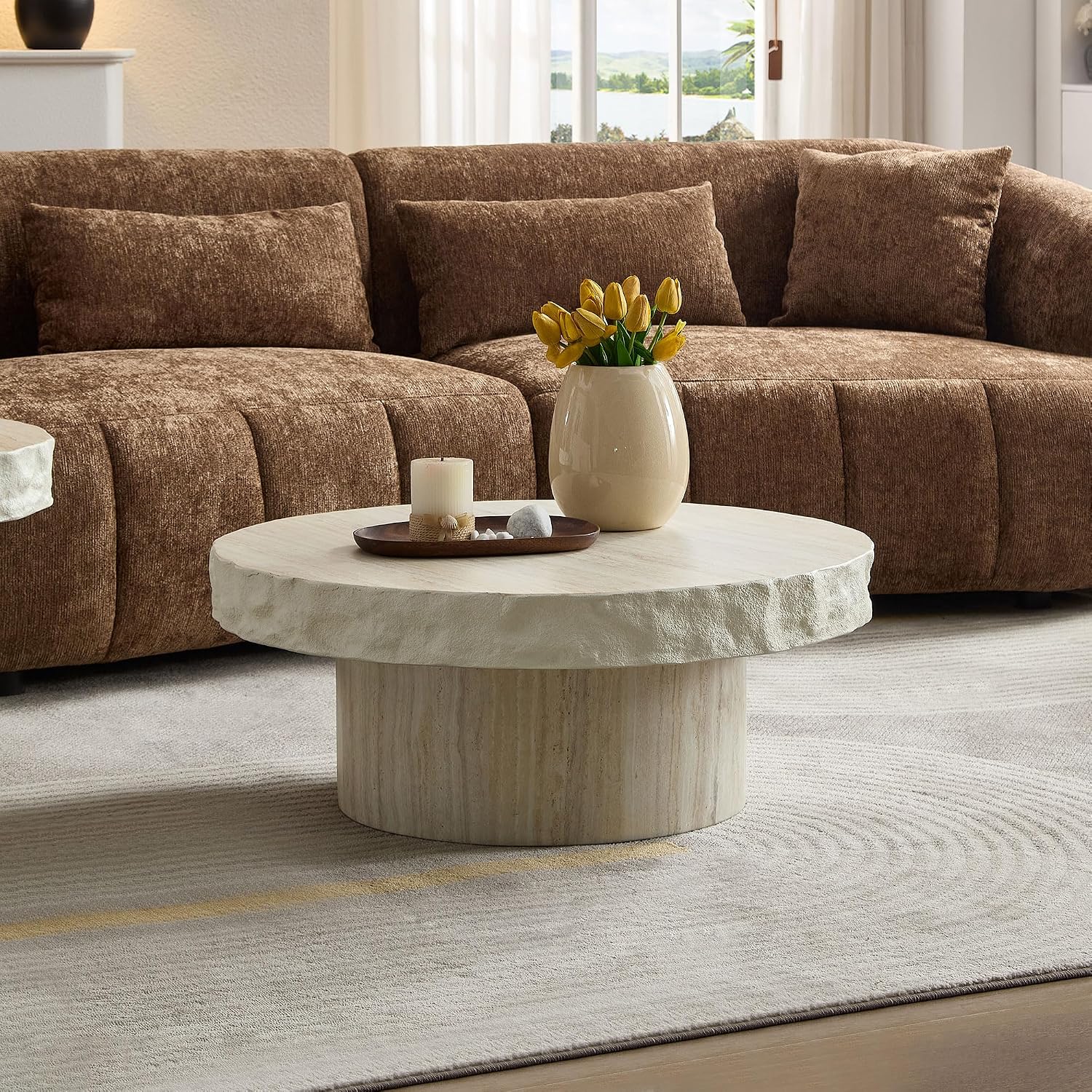 JUSTONE Set of 2 Faux Mars Textural Round Coffee Table, No Assembly Required, Beige Accent Table for Living Room & Apartment