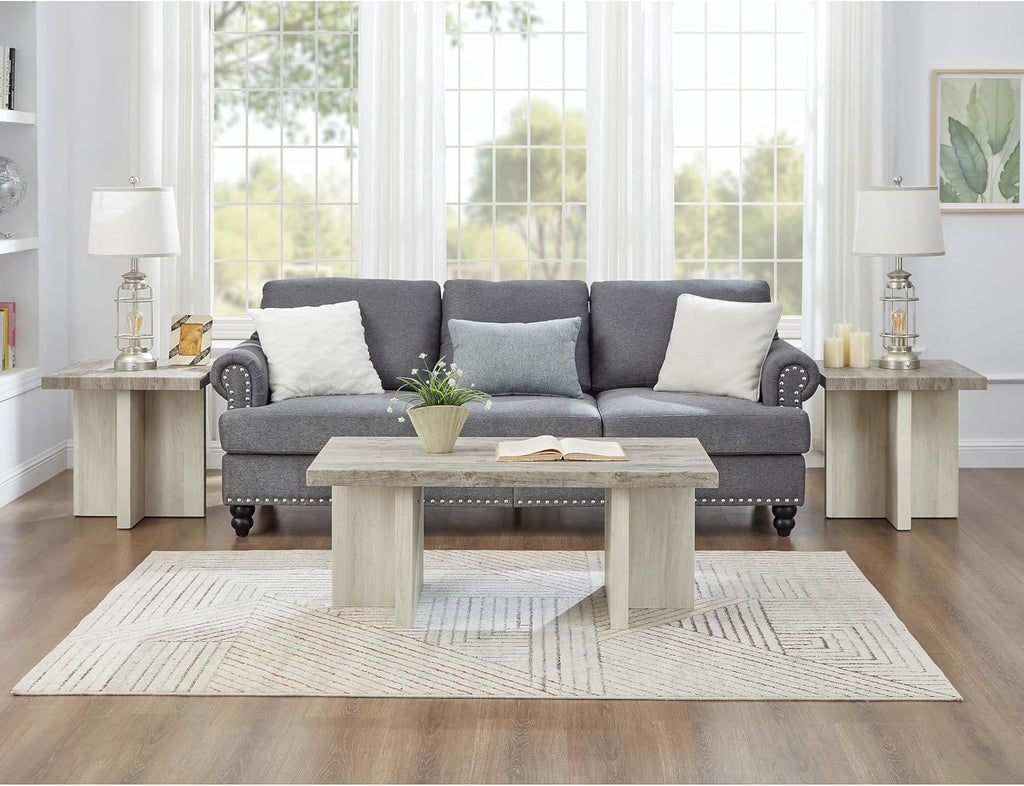 Roundhill Furniture Mchome 3-Piece Coffee Table Set, Coffee Table and Two End Tables, Weathered Gray and Beige