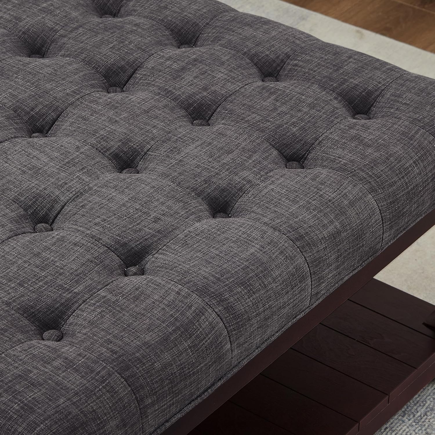 GDFStudio Large Square Upholstered Tufted Linen Ottoman Coffee Table with Solid Wood Frame and Open Storage Shelf, Nailhead Trim Accent Footrest for Living Room, Dark Gray